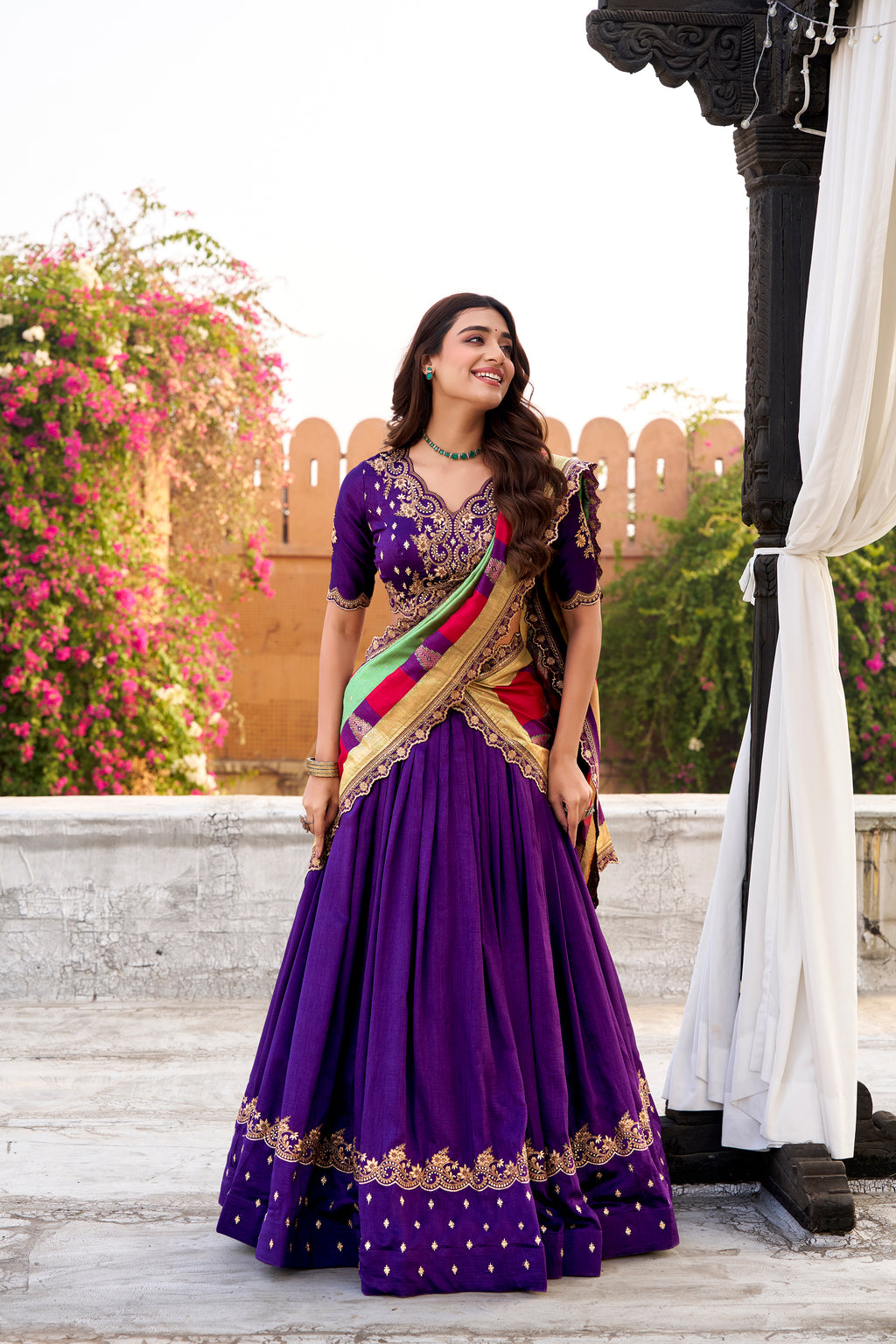 Vichitra Silk Thread Embroidered Lehenga With Dupatta