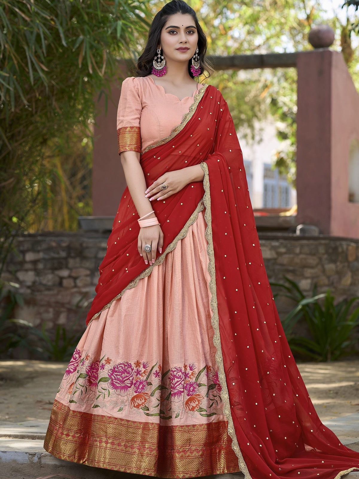 Cotton Silk Thread Embroidered Lehenga With Dupatta