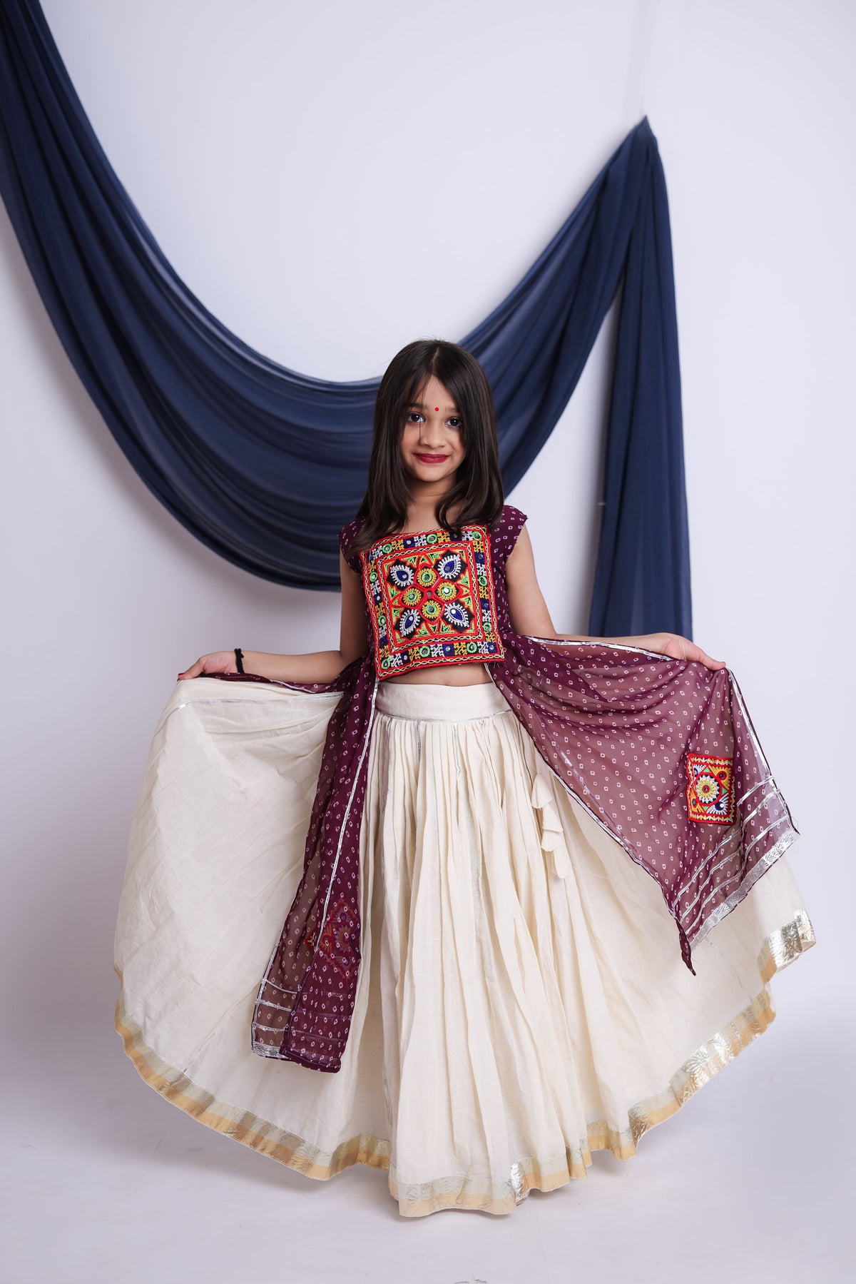 Kora Cotton Bandhani Printed Kids Navratri Lehenga