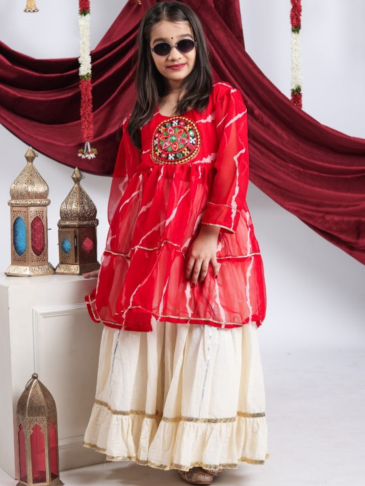 Kora Cotton Mirror Work Kids Navratri Lehenga