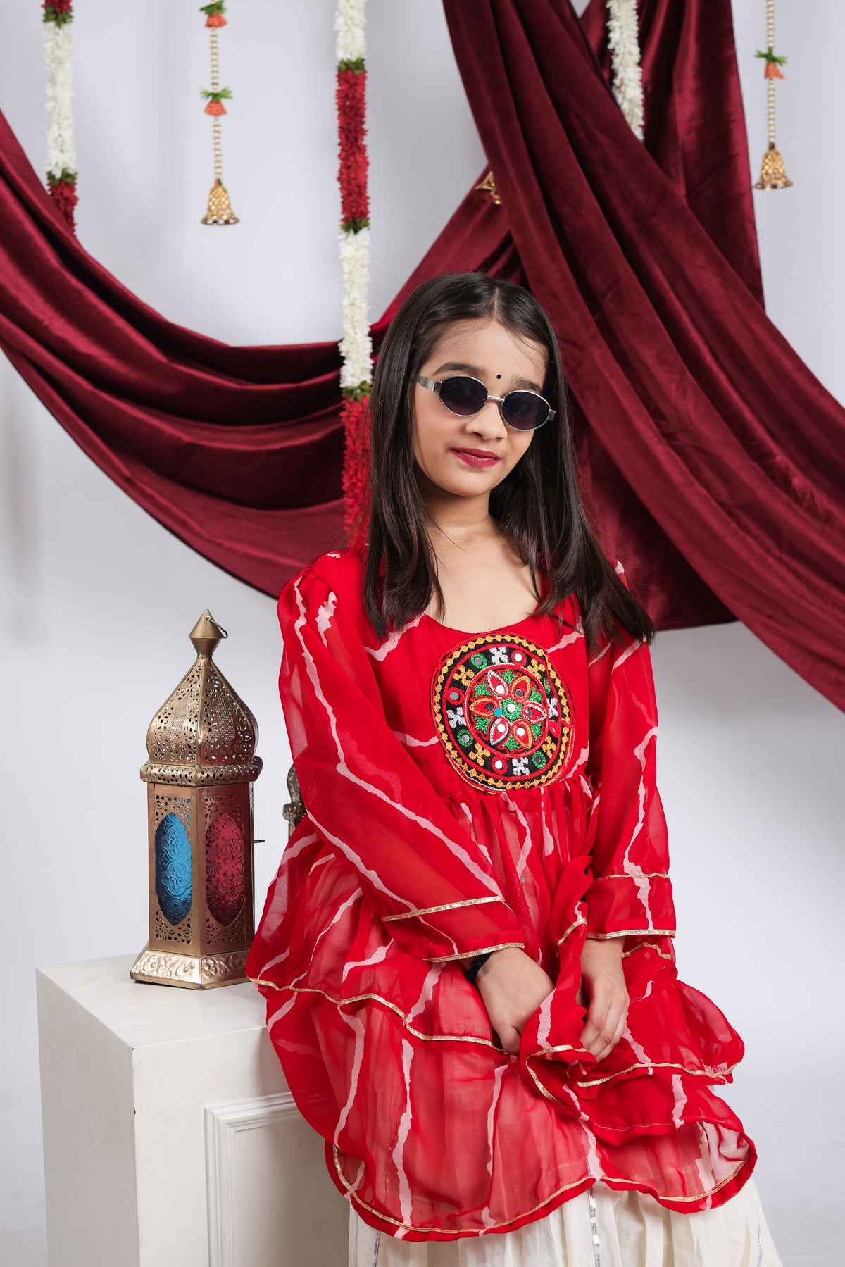 Kora Cotton Mirror Work Kids Navratri Lehenga