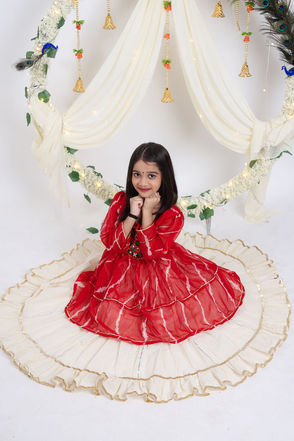 Kora Cotton Mirror Work Kids Navratri Lehenga