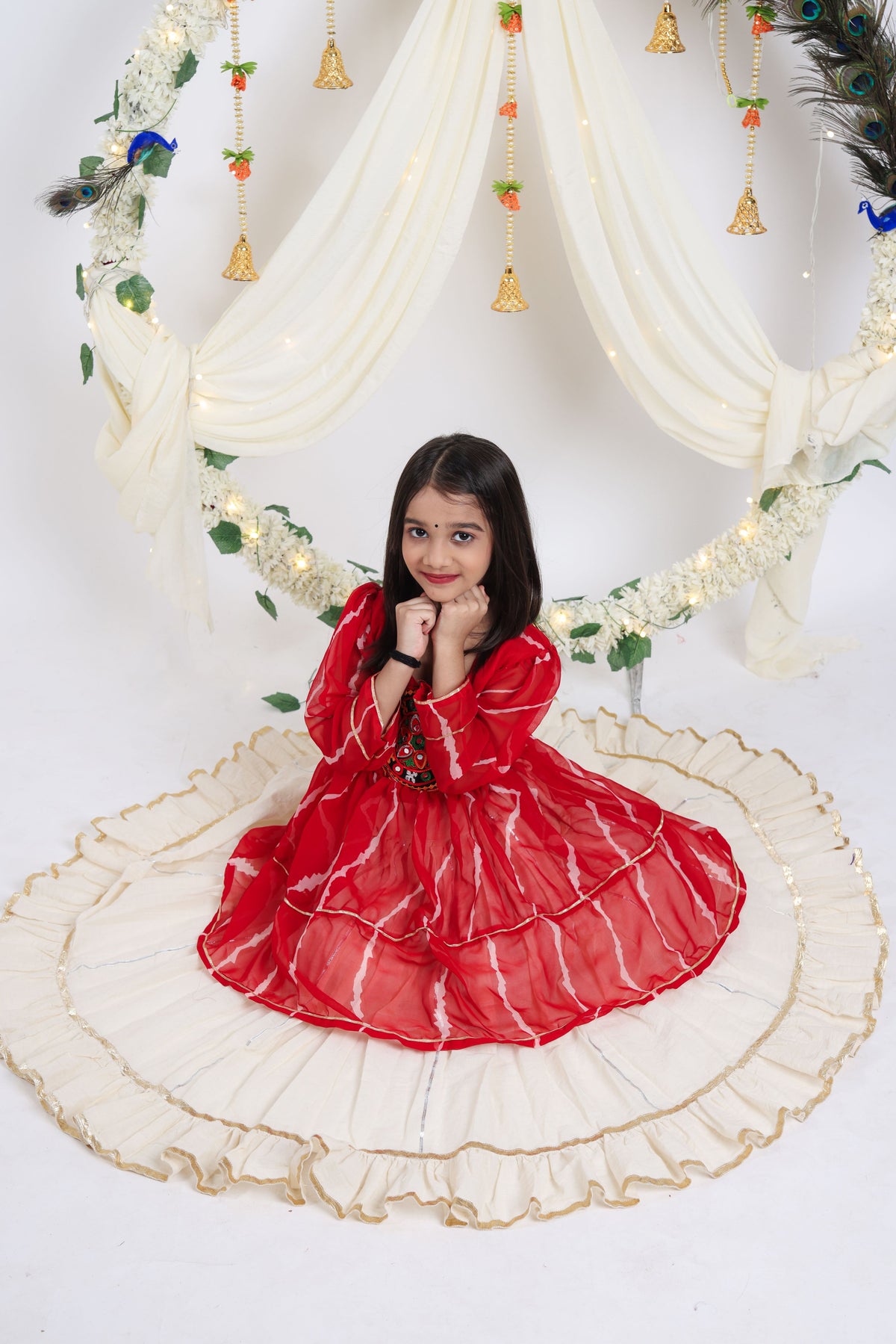Kora Cotton Mirror Work Kids Navratri Lehenga