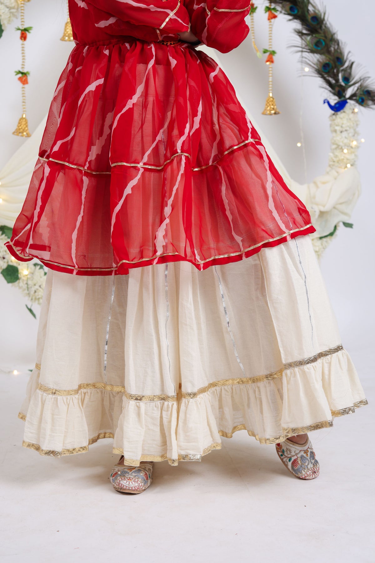 Kora Cotton Mirror Work Kids Navratri Lehenga