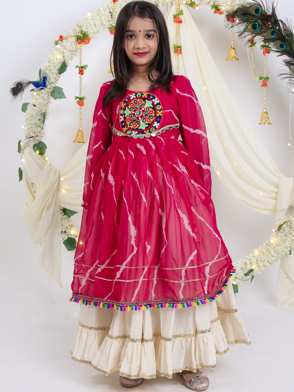 Kora Cotton Embroidered Kids Navratri Lehenga