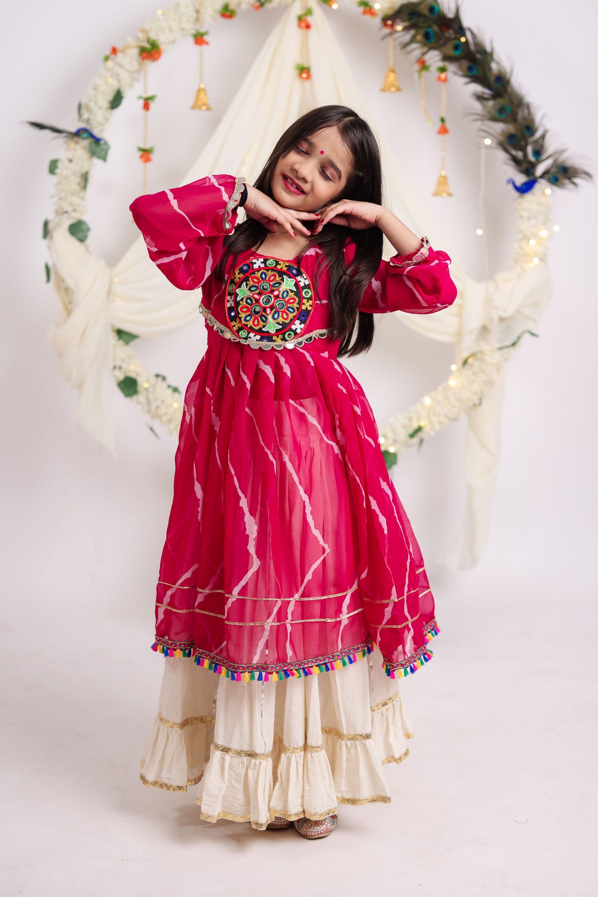 Kora Cotton Embroidered Kids Navratri Lehenga