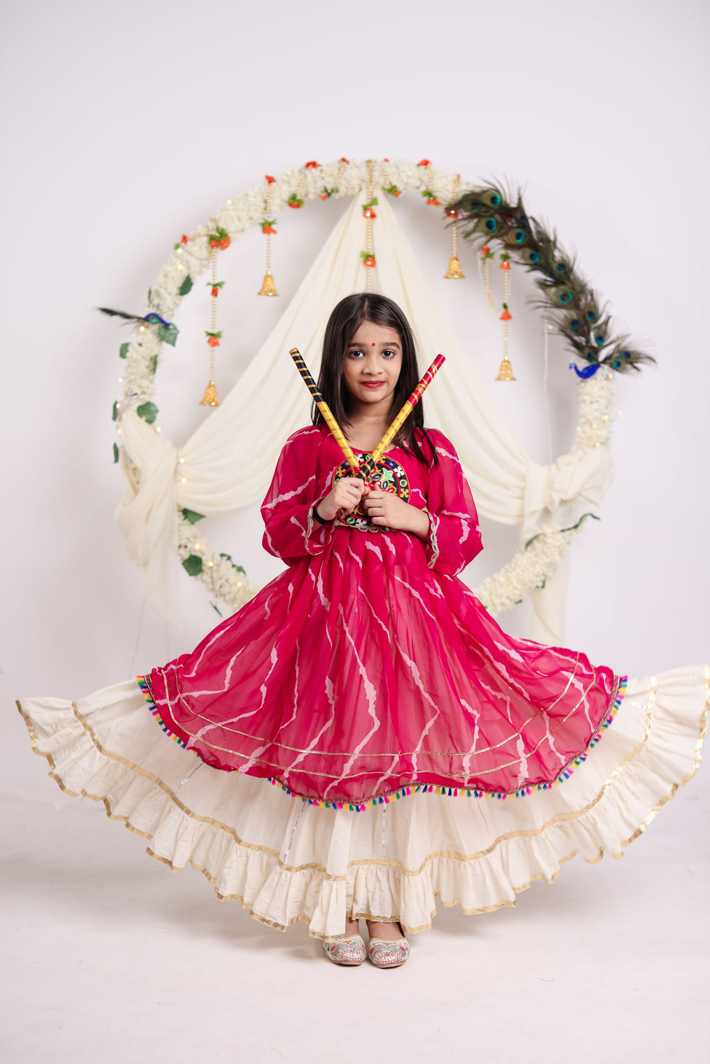 Kora Cotton Embroidered Kids Navratri Lehenga