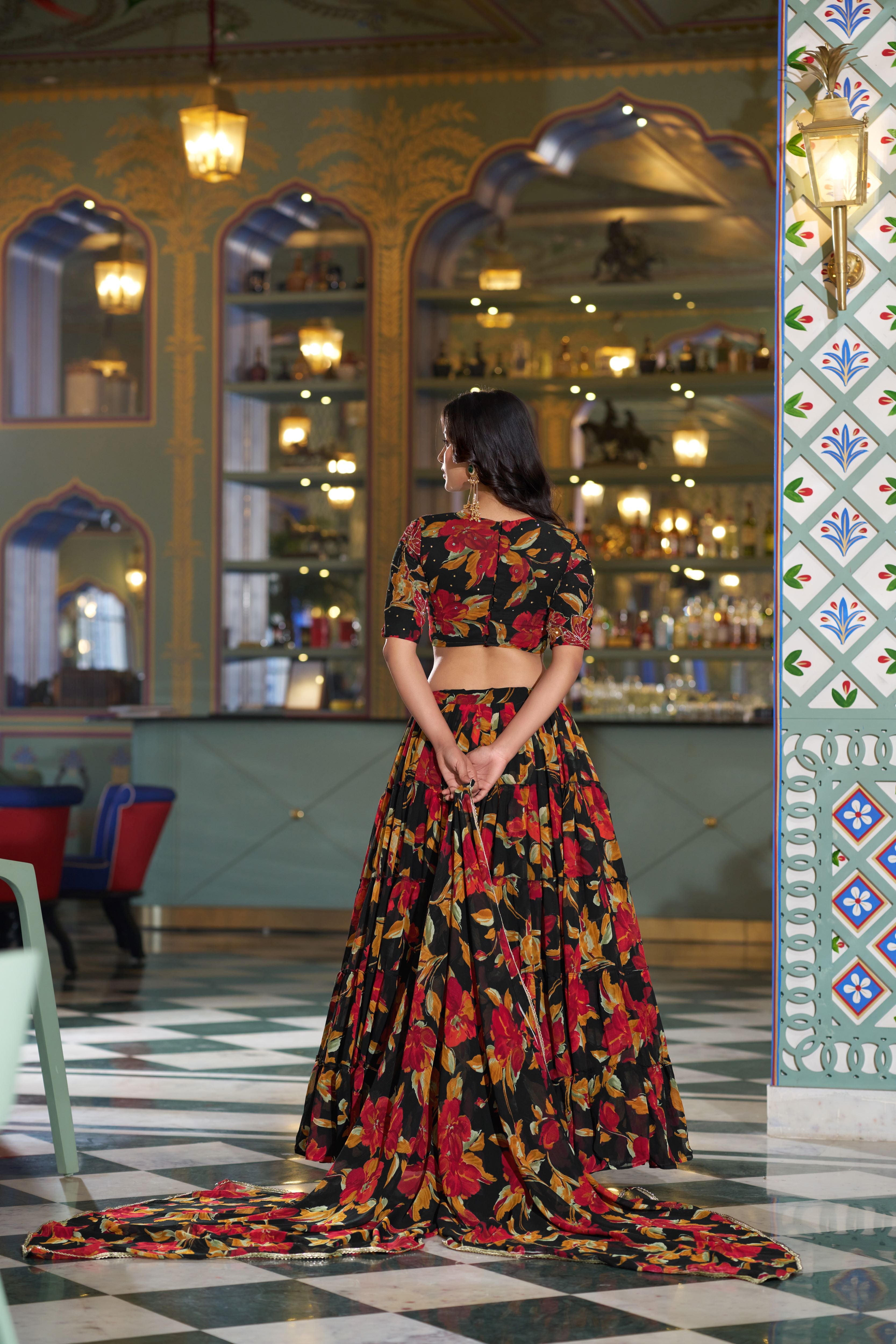 Marble Floral Printed Lehenga With Dupatta