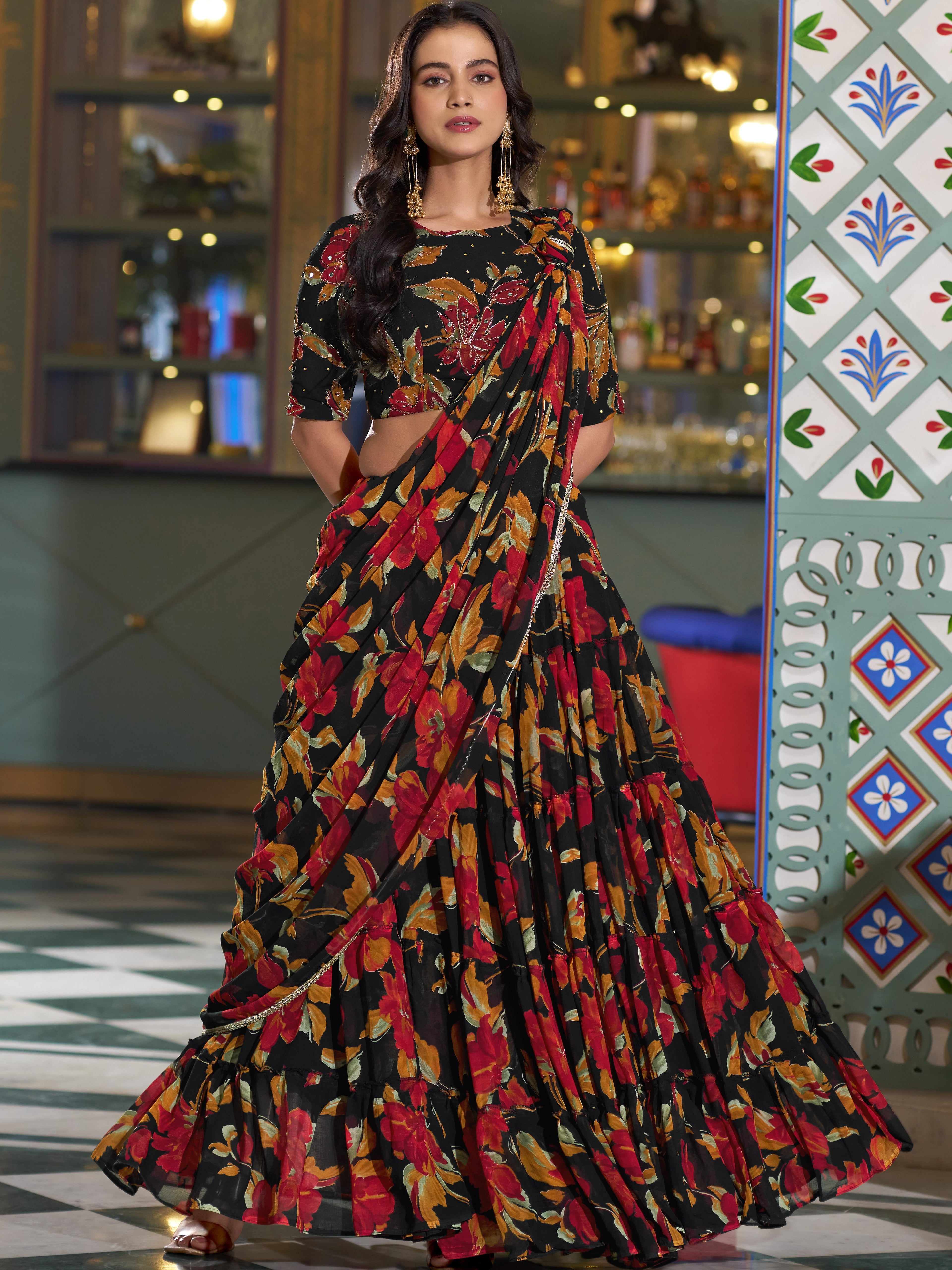 Marble Floral Printed Lehenga With Dupatta