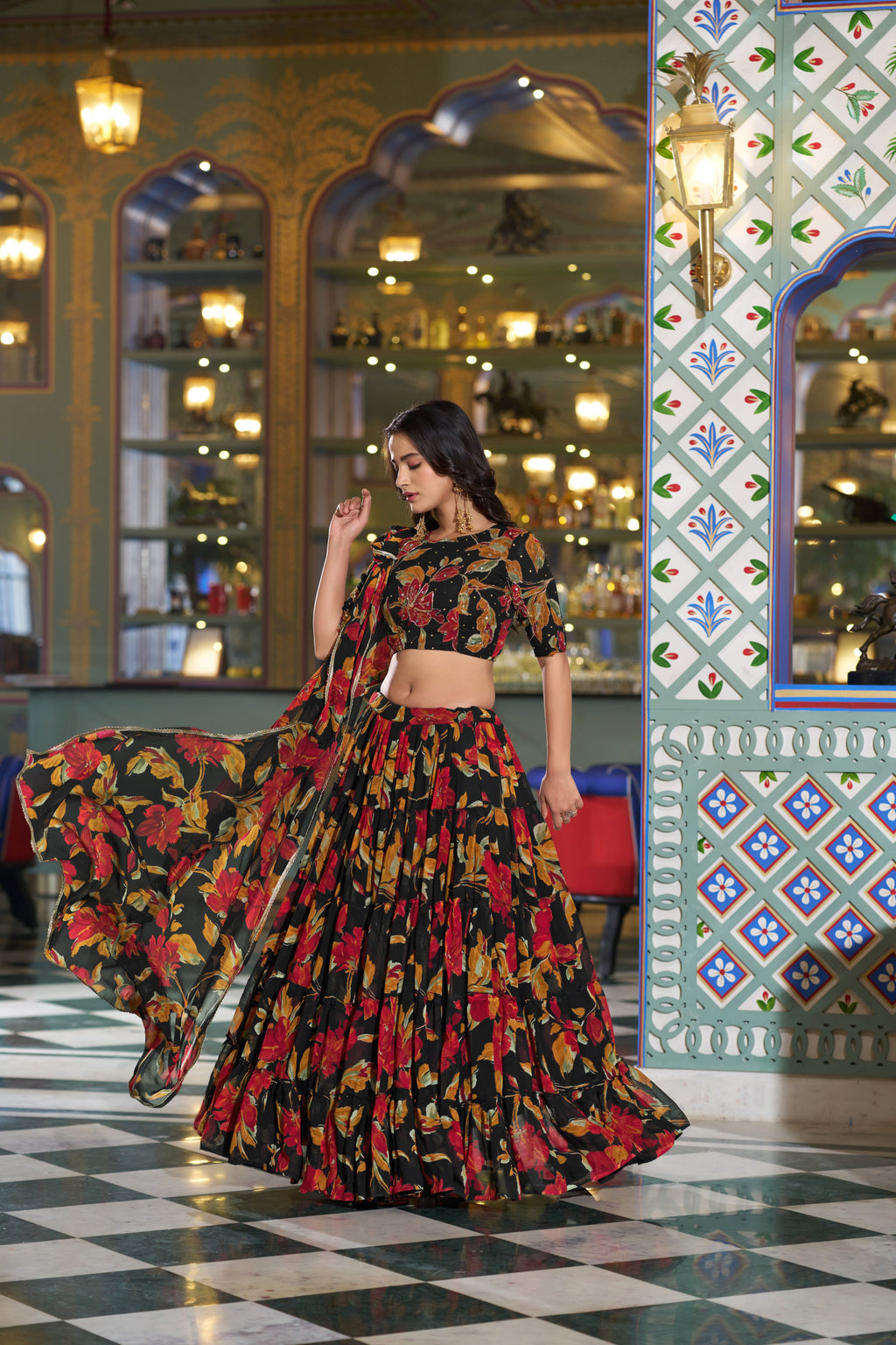 Marble Floral Printed Lehenga With Dupatta