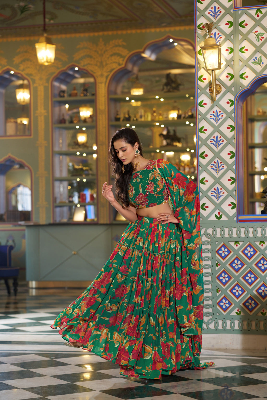 Marble Floral Printed Lehenga With Dupatta
