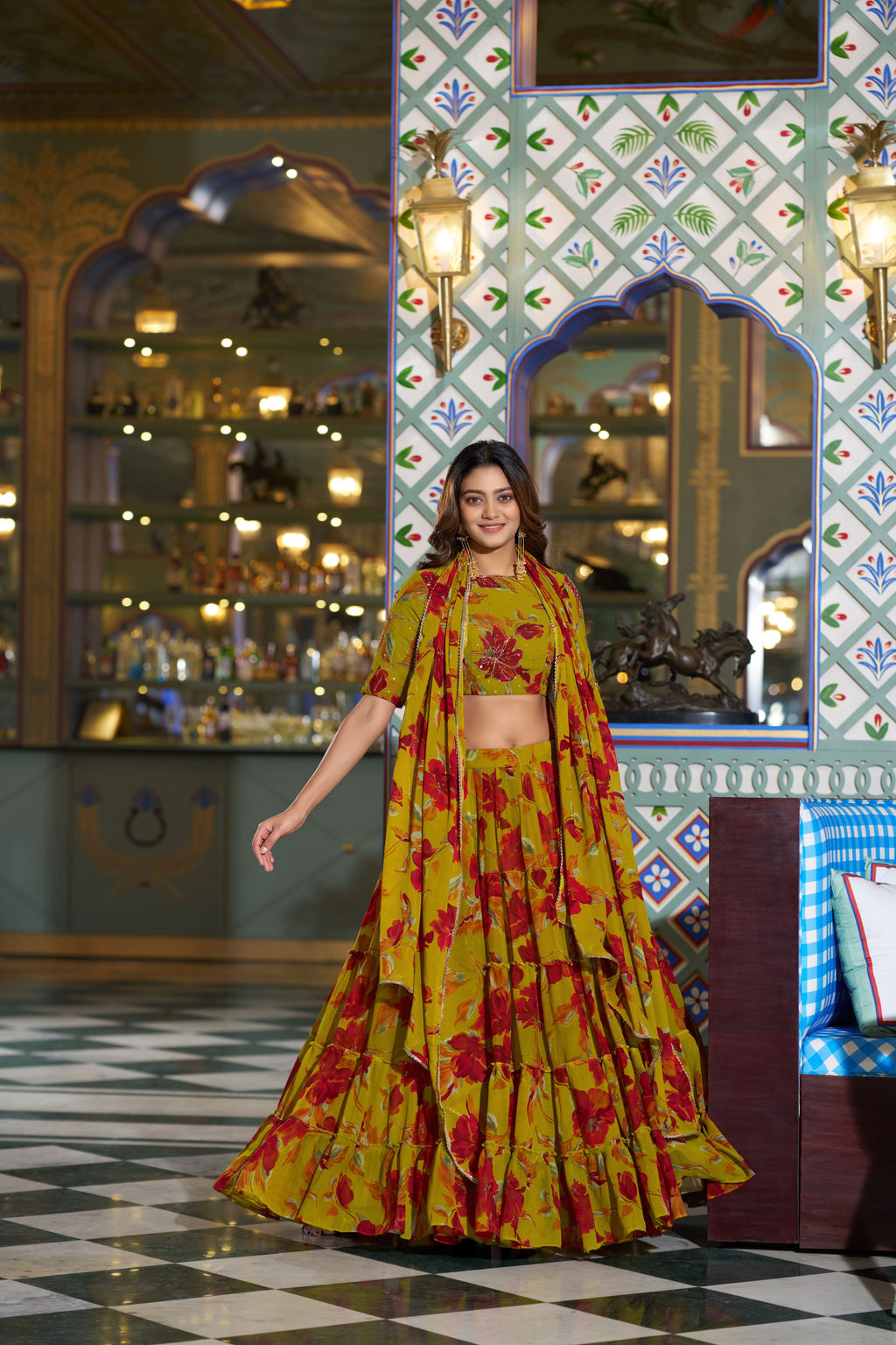 Marble Floral Printed Lehenga With Dupatta