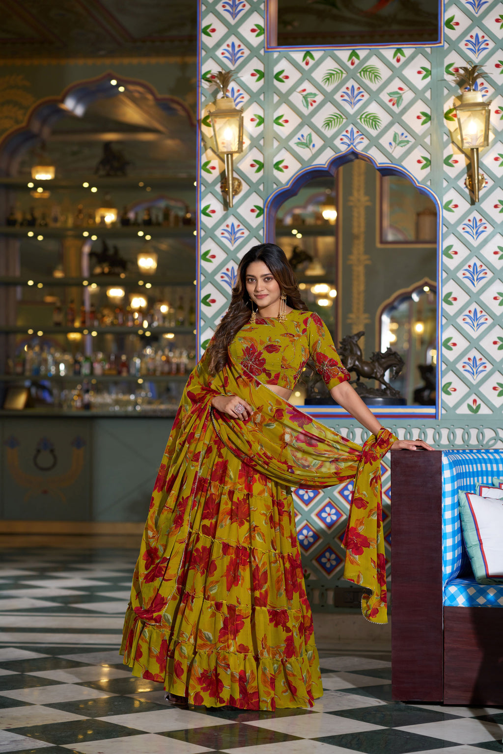Marble Floral Printed Lehenga With Dupatta