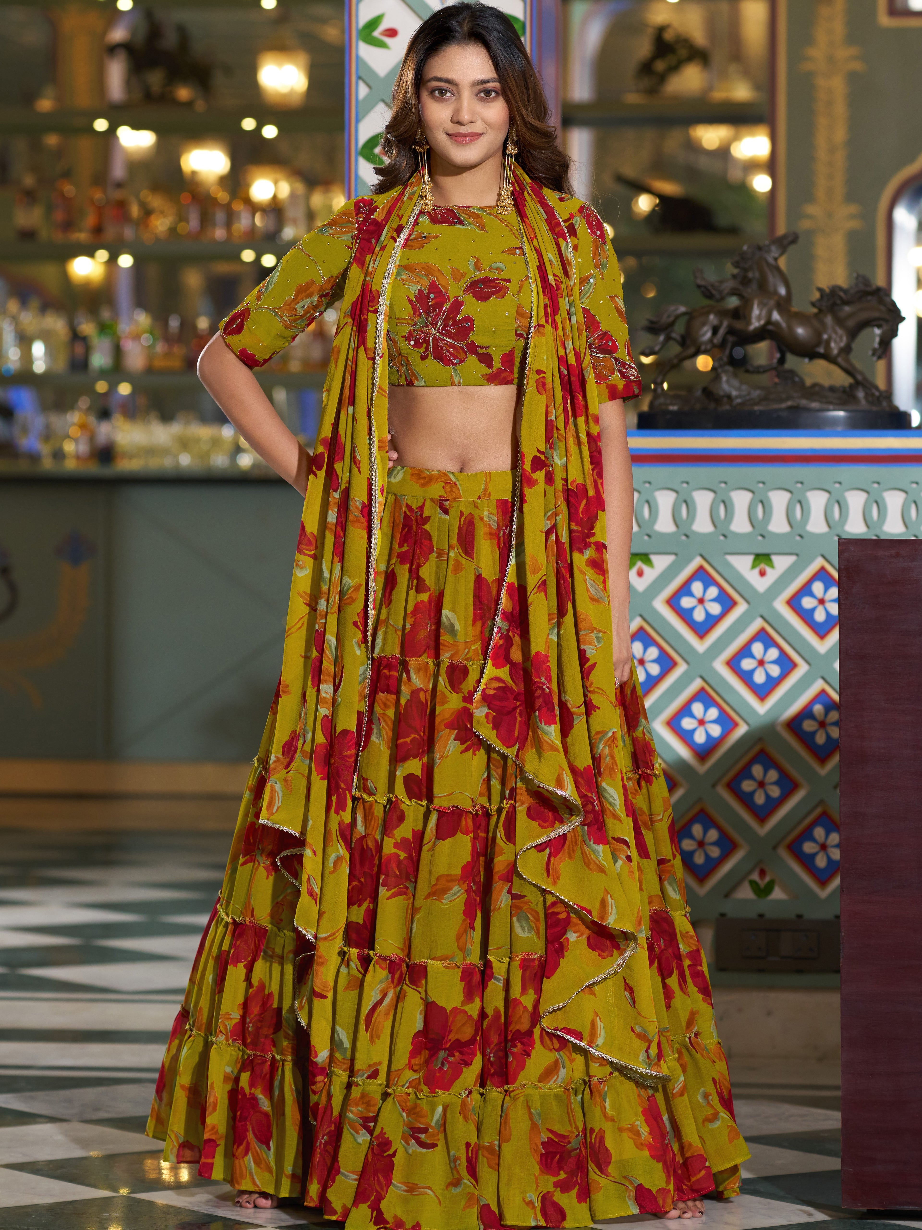 Marble Floral Printed Lehenga With Dupatta