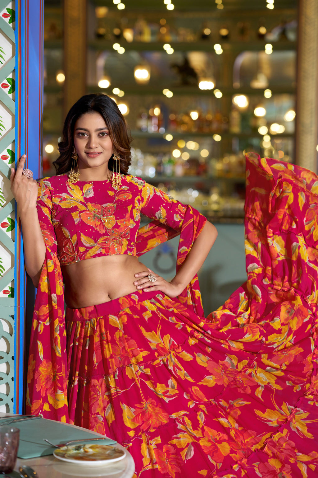 Marble Floral Printed Lehenga With Dupatta