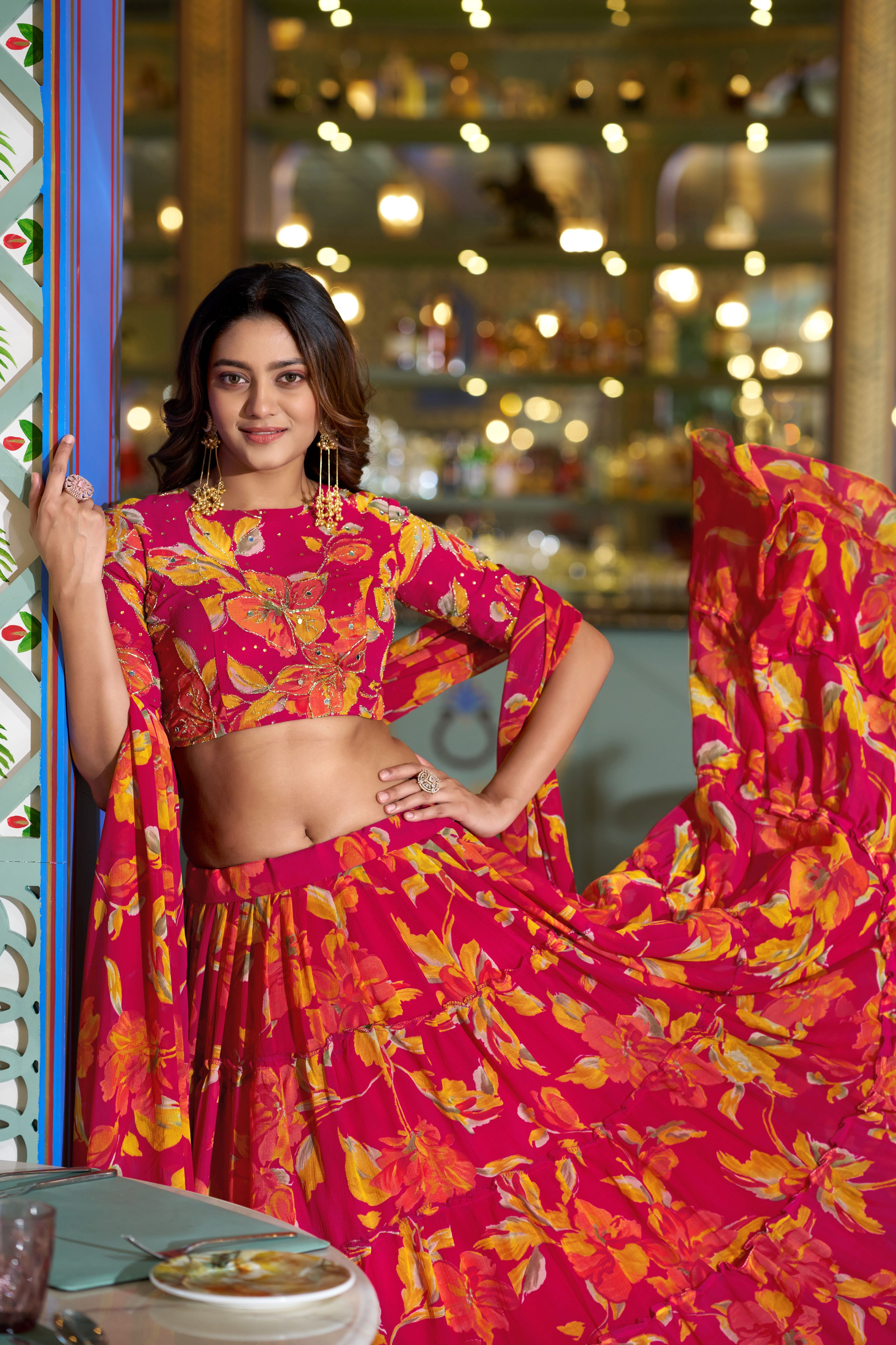 Marble Floral Printed Lehenga With Dupatta