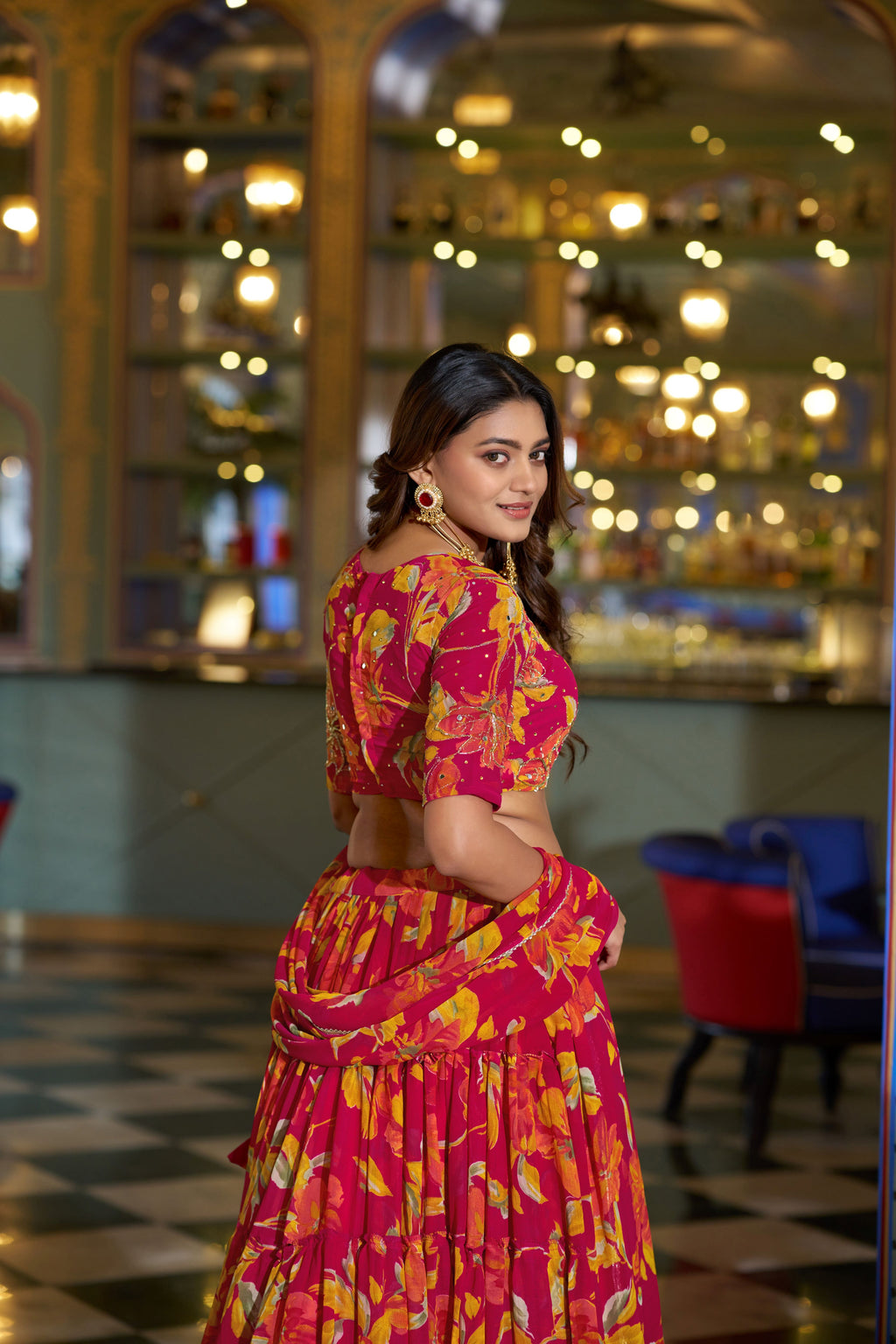 Marble Floral Printed Lehenga With Dupatta