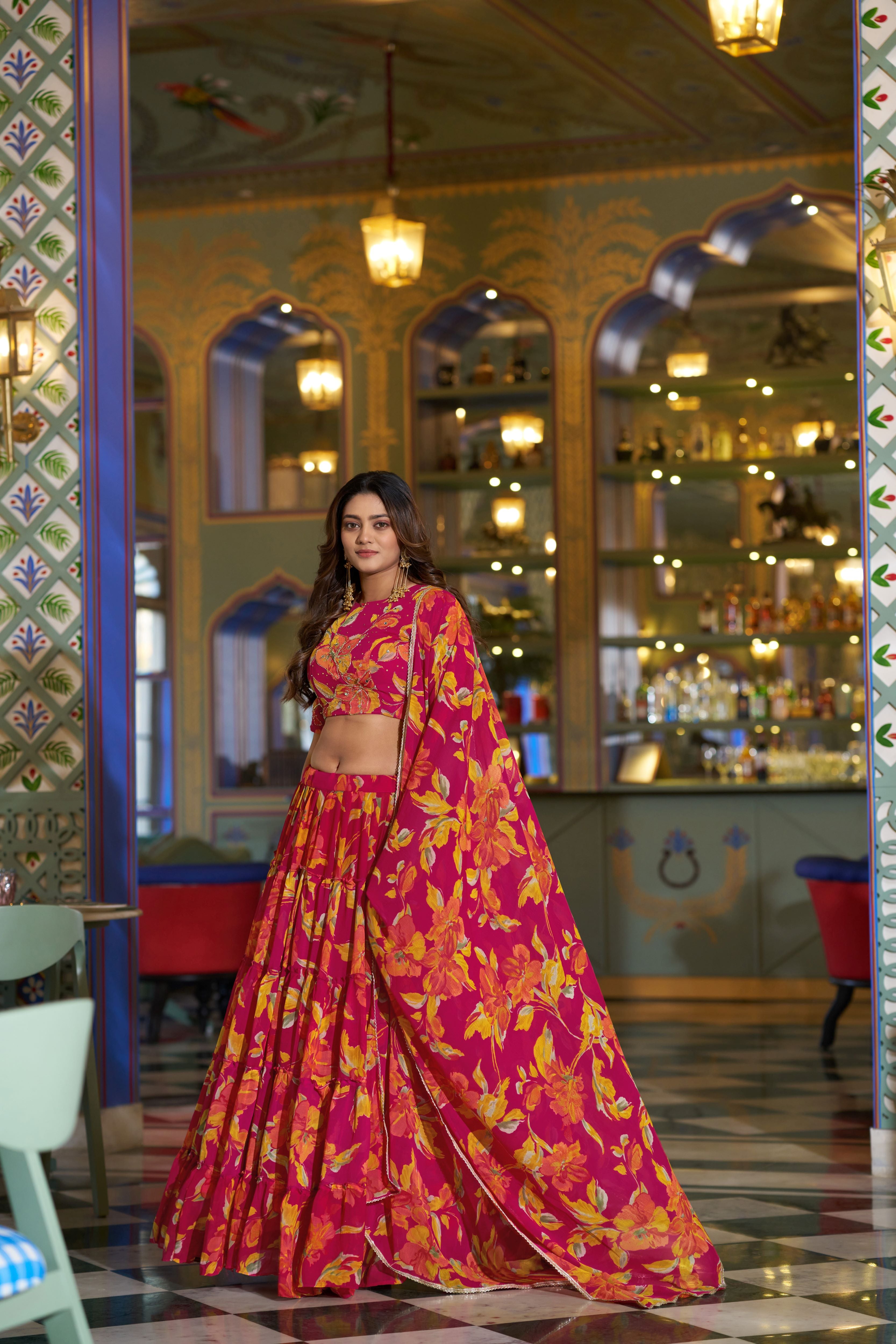 Marble Floral Printed Lehenga With Dupatta