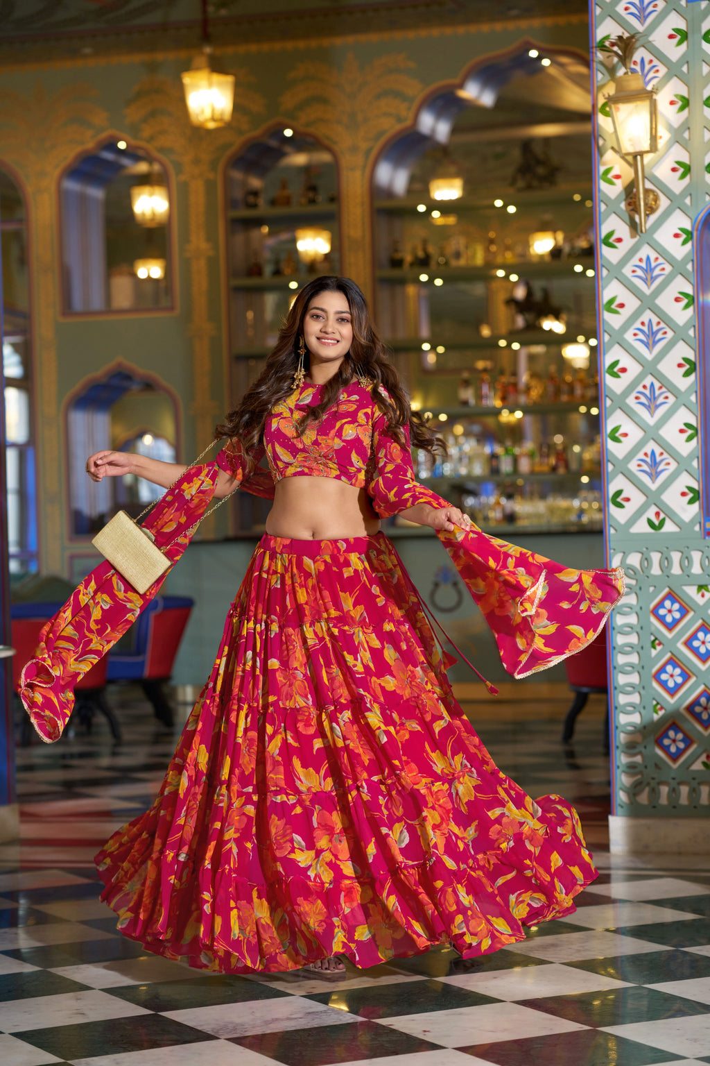 Marble Floral Printed Lehenga With Dupatta