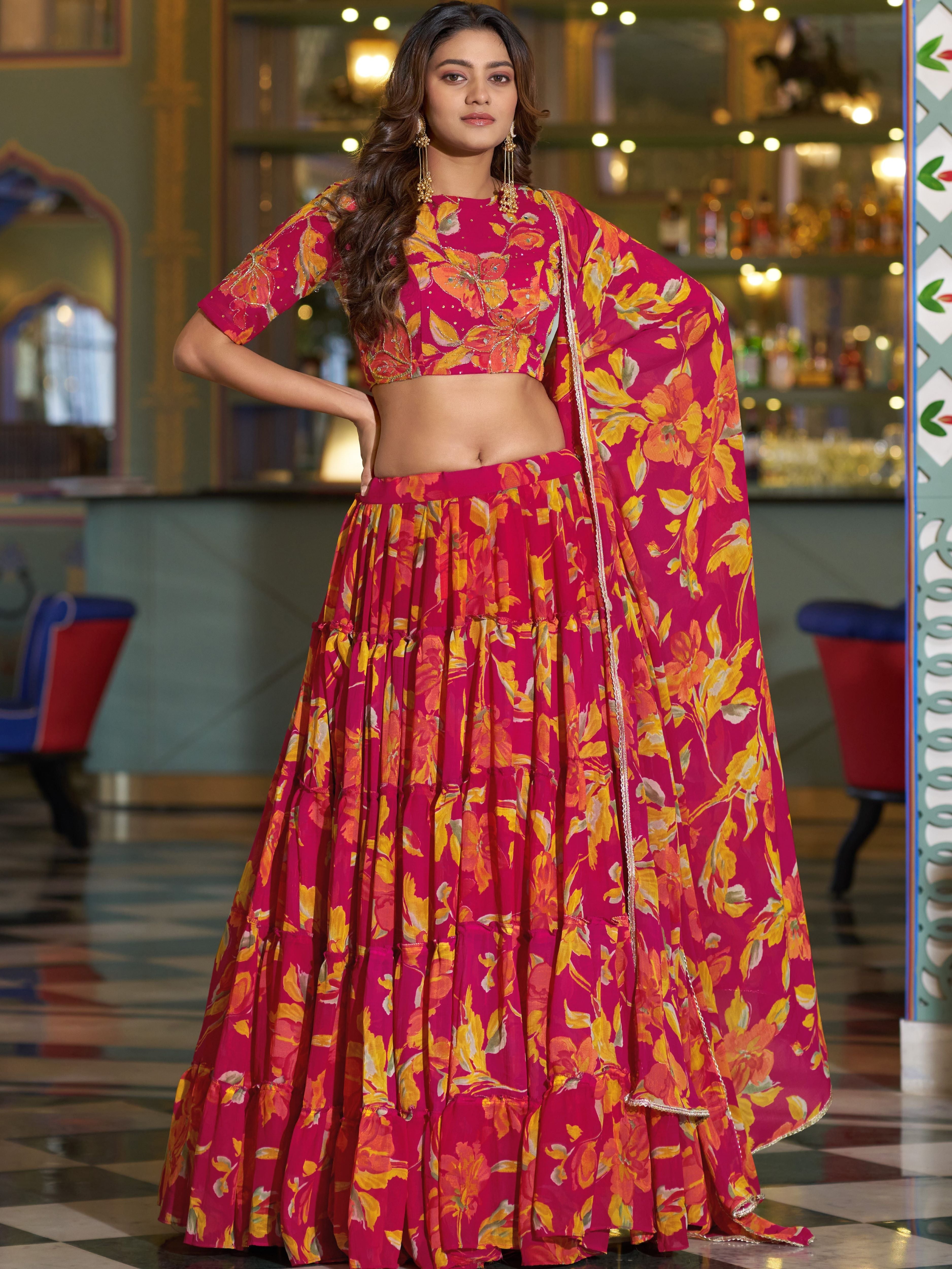 Marble Floral Printed Lehenga With Dupatta