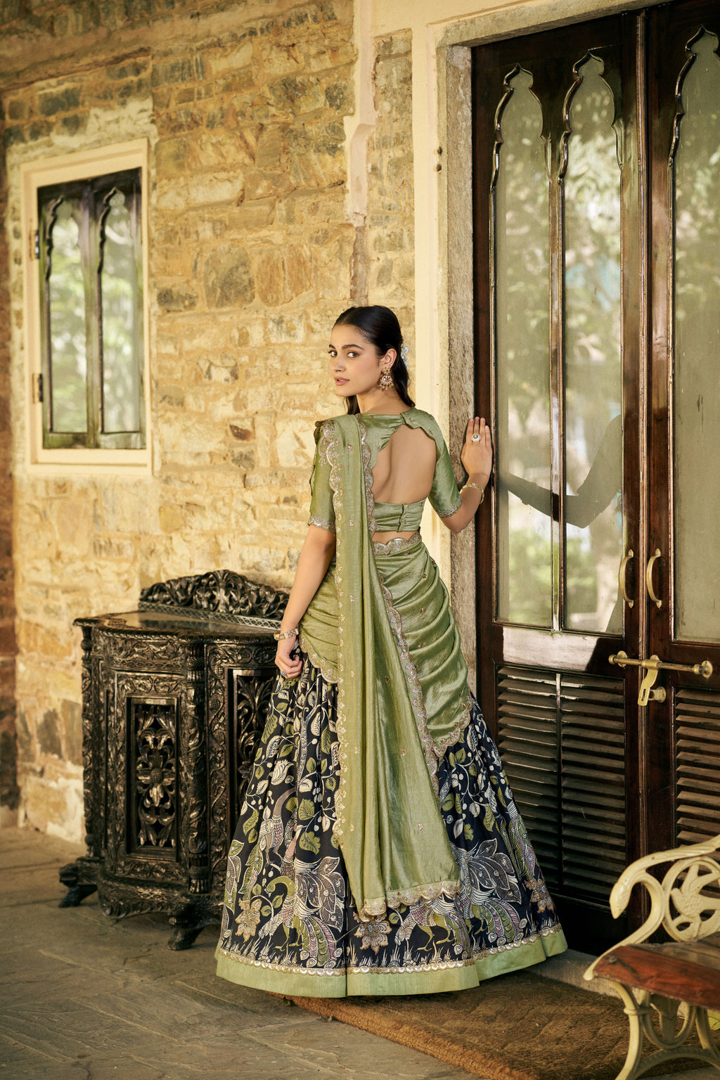 Tussar Silk Kalamkari Printed Lehenga With Dupatta
