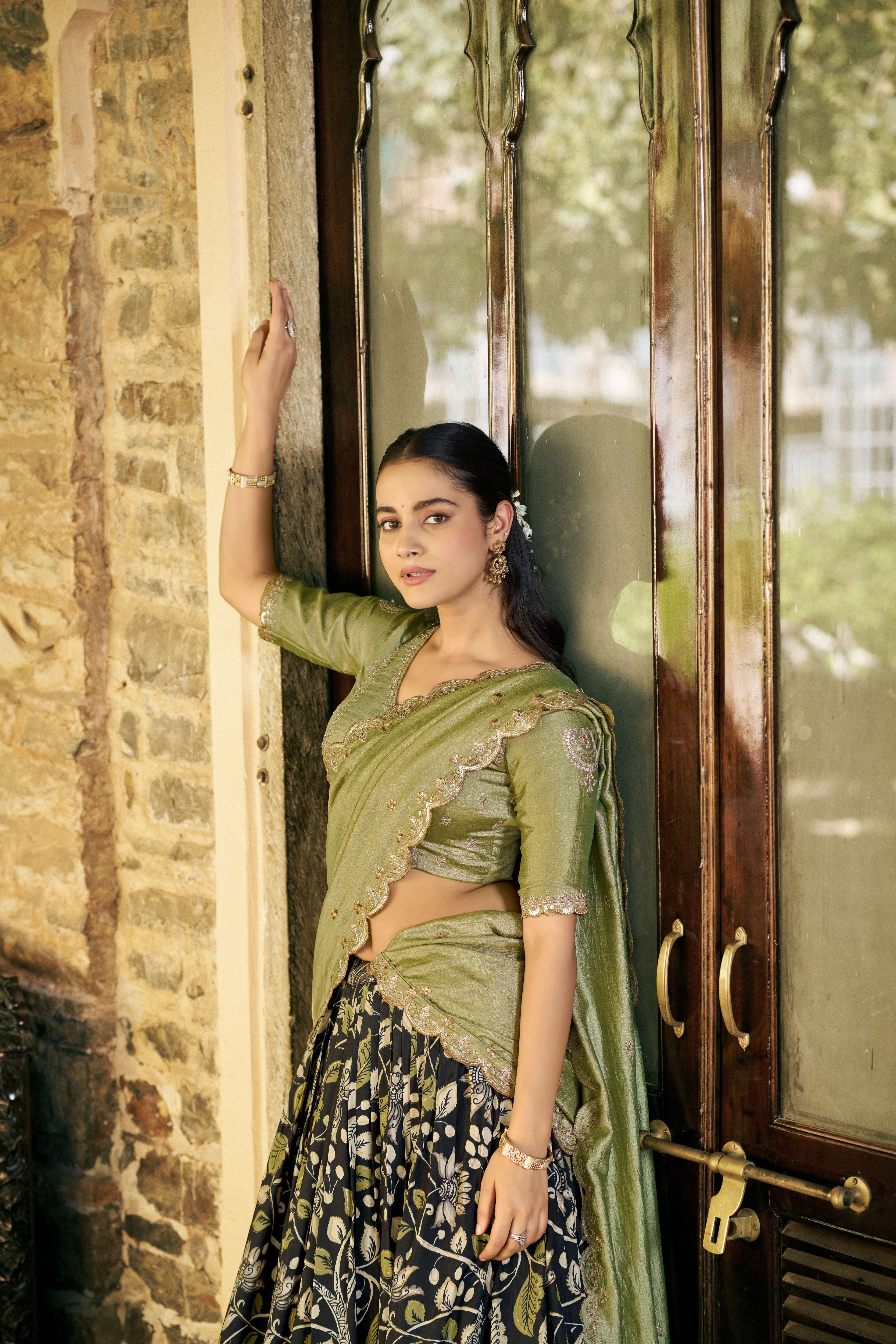Tussar Silk Kalamkari Printed Lehenga With Dupatta