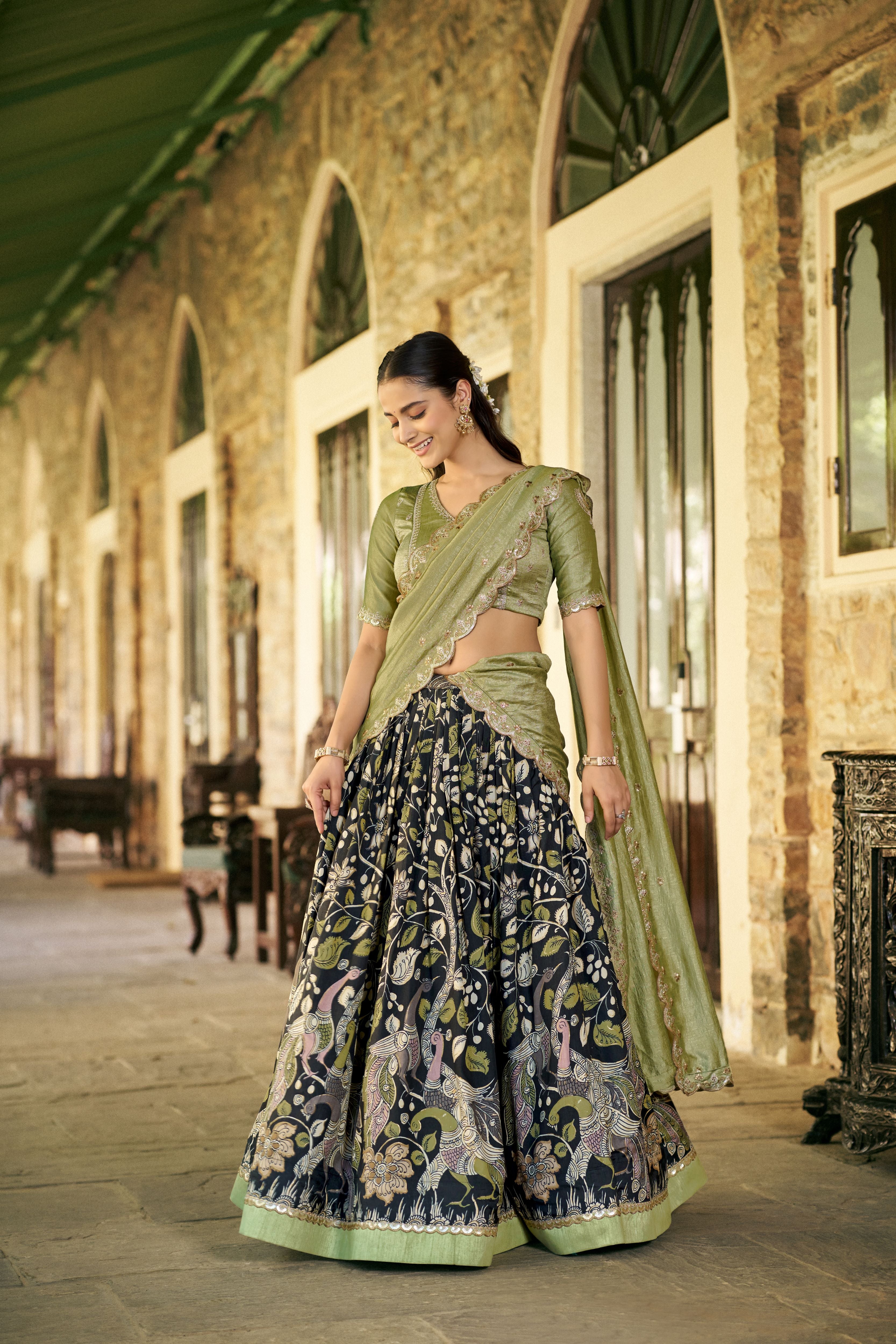 Tussar Silk Kalamkari Printed Lehenga With Dupatta