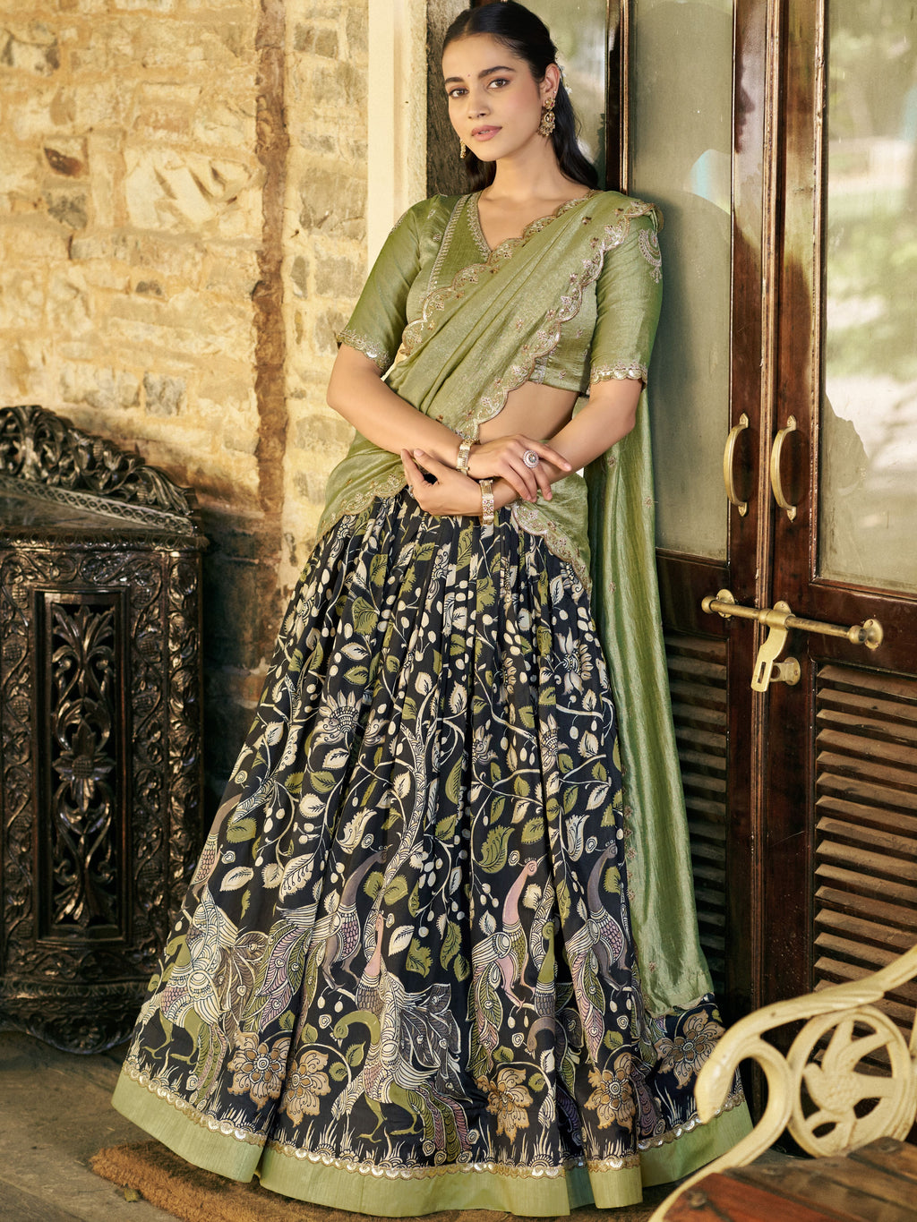 Tussar Silk Kalamkari Printed Lehenga With Dupatta