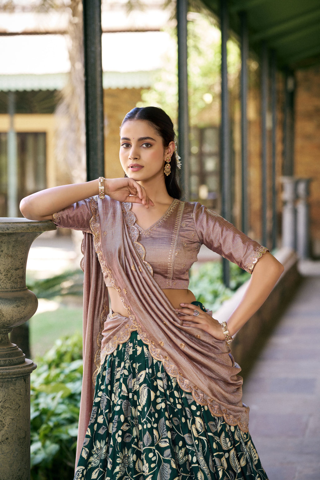 Tussar Silk Kalamkari Printed Lehenga With Dupatta