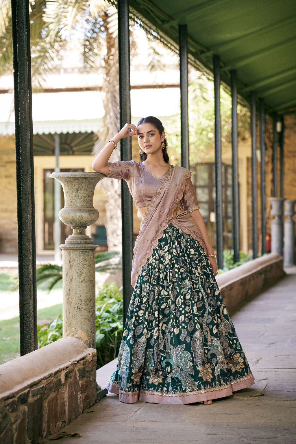 Tussar Silk Kalamkari Printed Lehenga With Dupatta