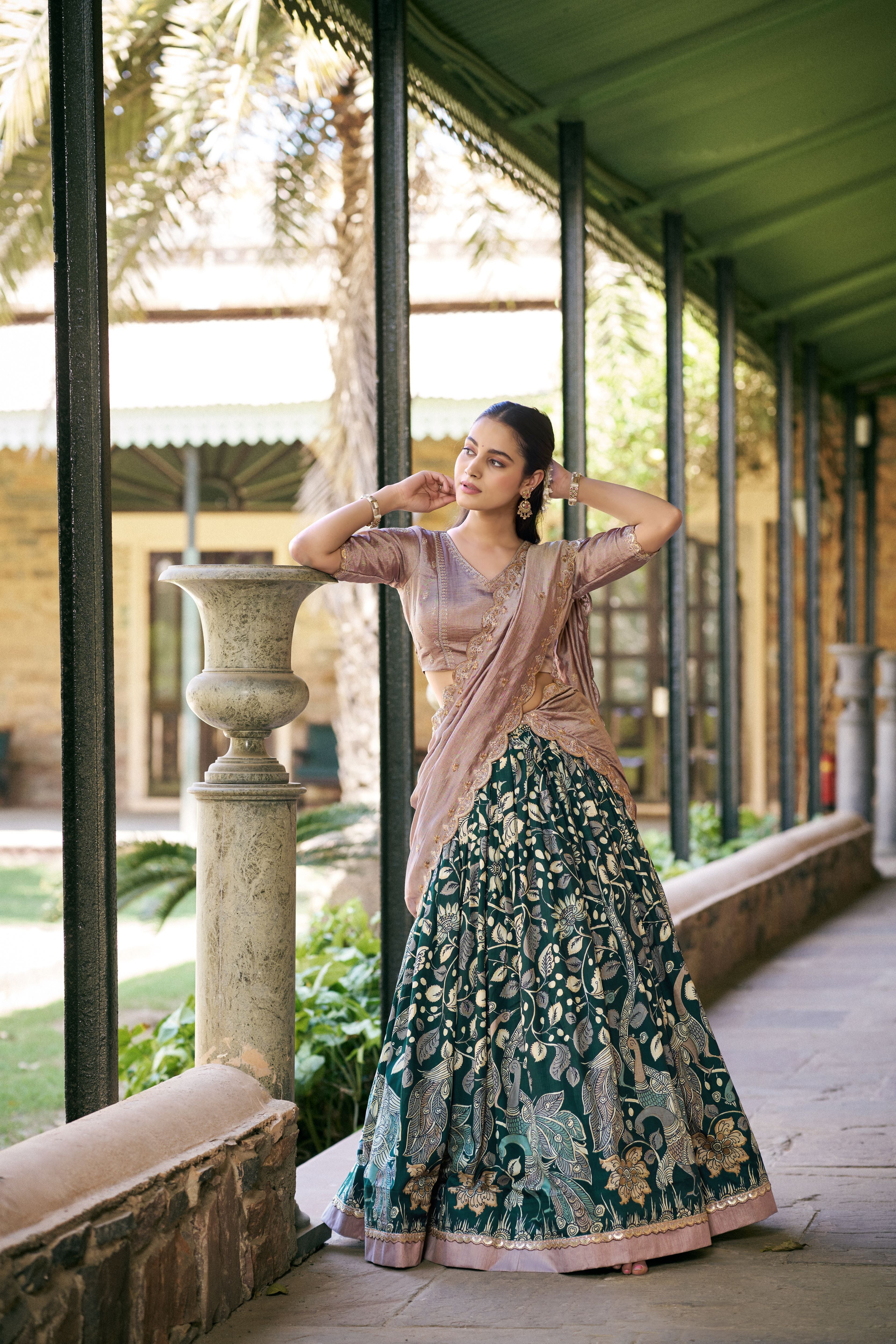 Tussar Silk Kalamkari Printed Lehenga With Dupatta