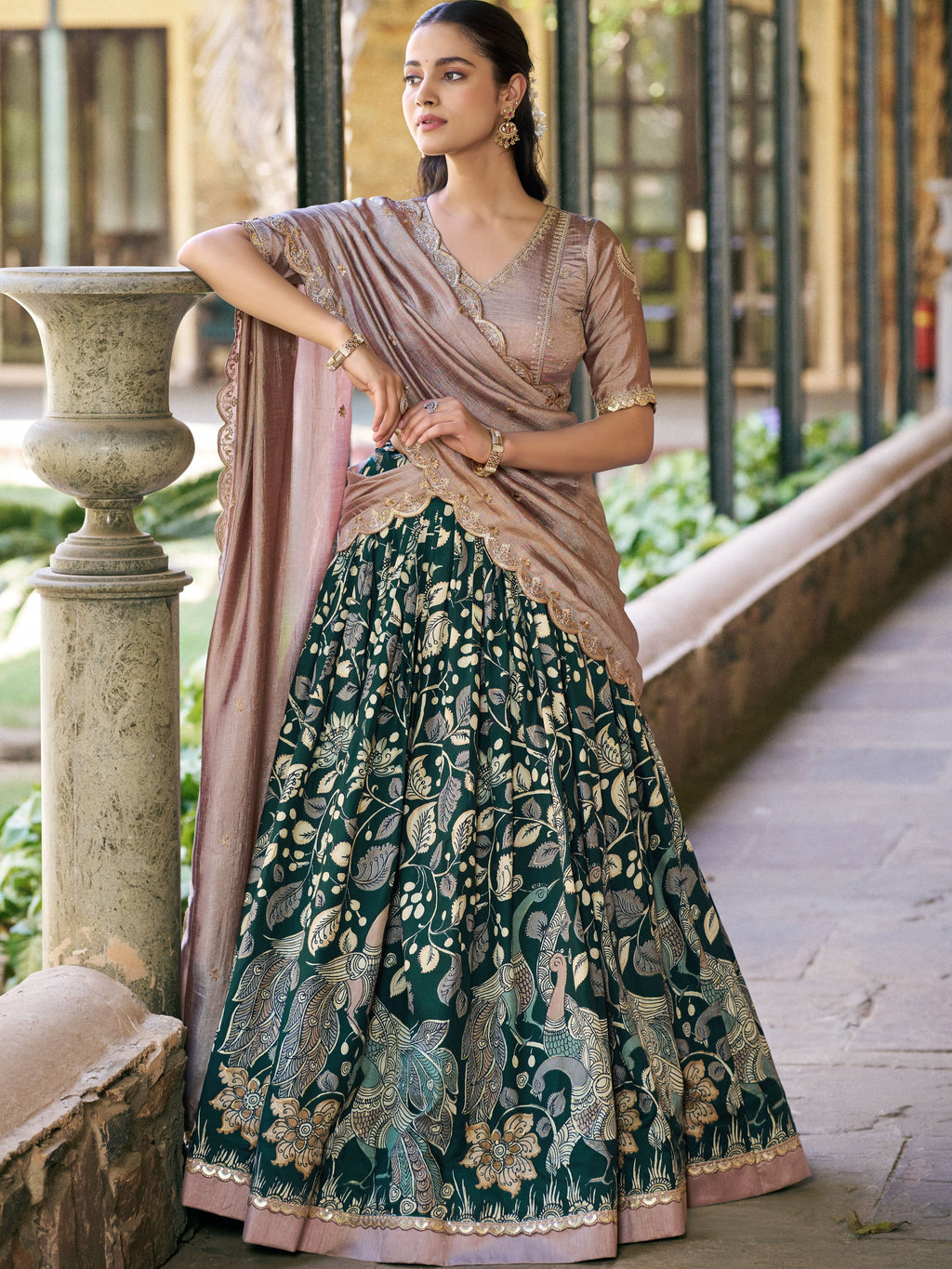 Tussar Silk Kalamkari Printed Lehenga With Dupatta