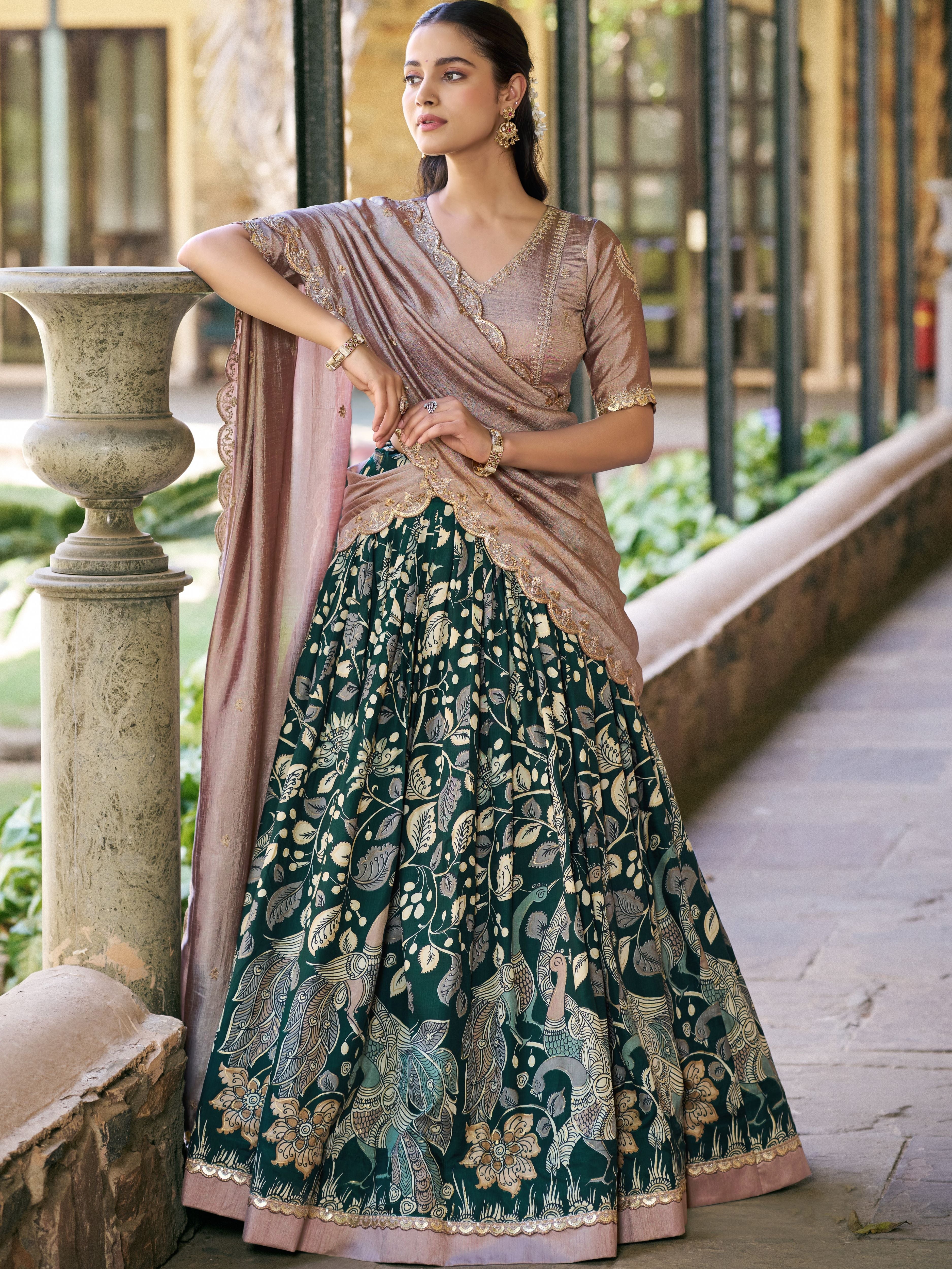 Tussar Silk Kalamkari Printed Lehenga With Dupatta