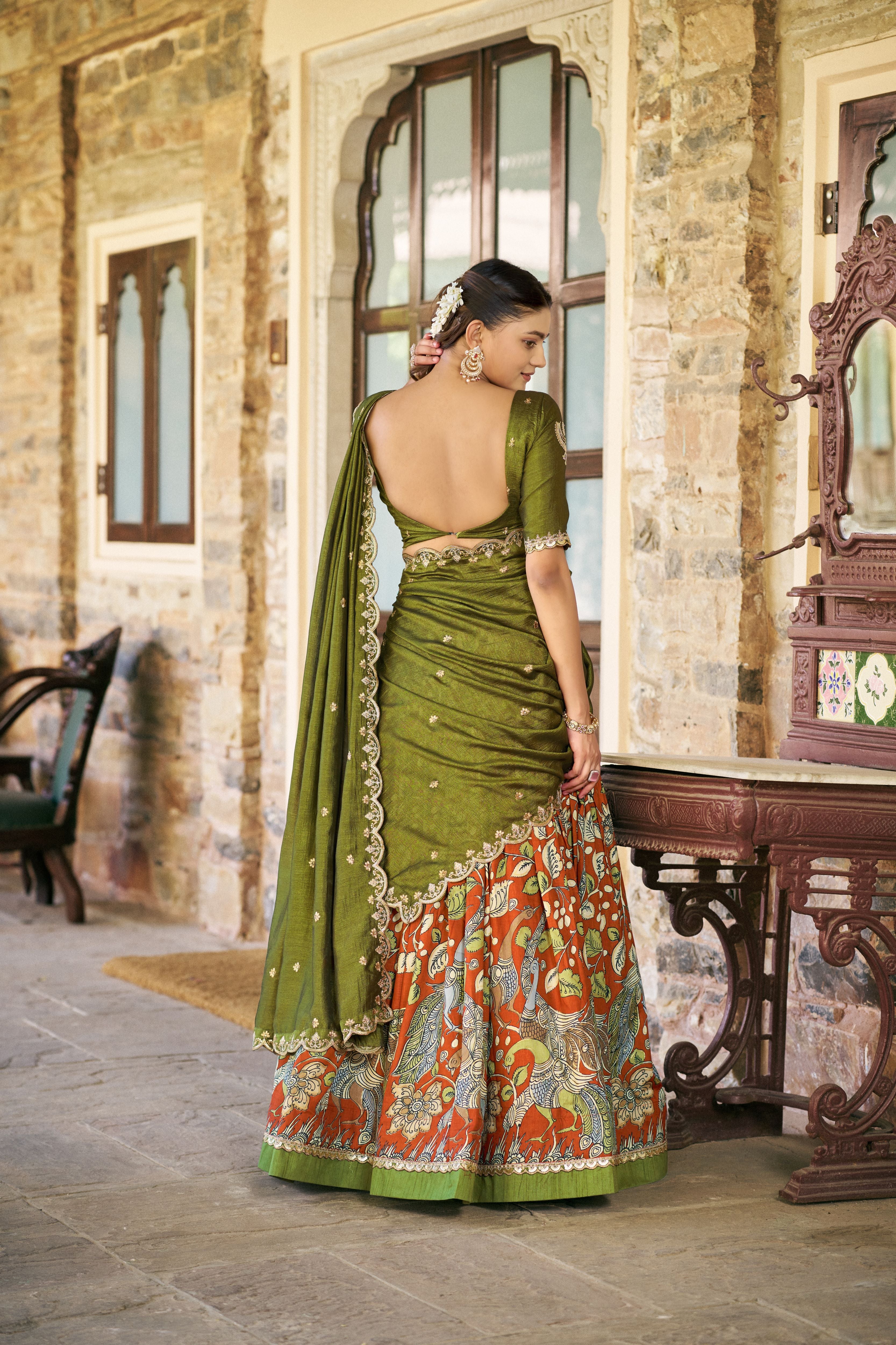 Tussar Silk Kalamkari Printed Lehenga With Dupatta