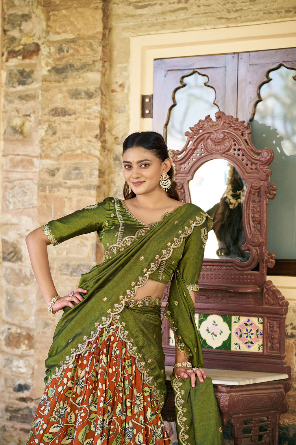 Tussar Silk Kalamkari Printed Lehenga With Dupatta