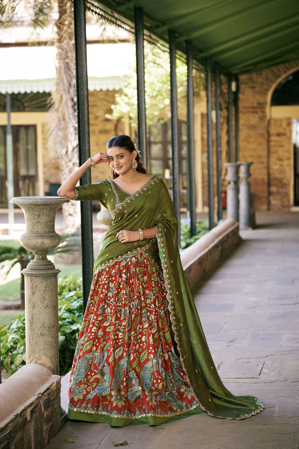 Tussar Silk Kalamkari Printed Lehenga With Dupatta