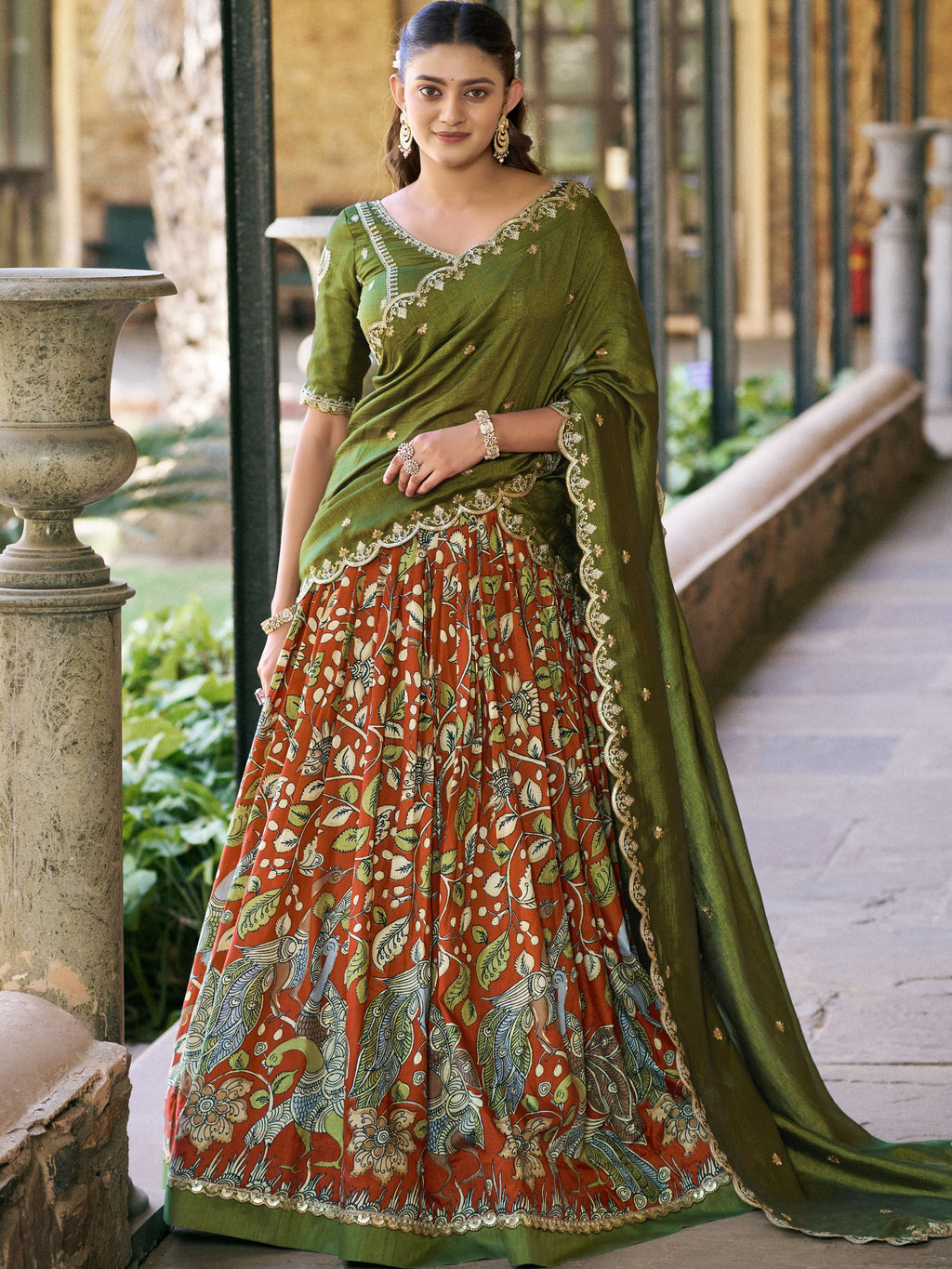 Tussar Silk Kalamkari Printed Lehenga With Dupatta