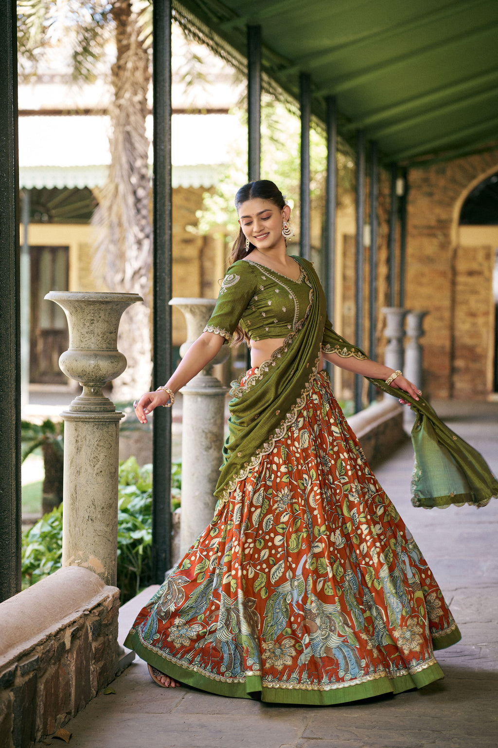 Tussar Silk Kalamkari Printed Lehenga With Dupatta