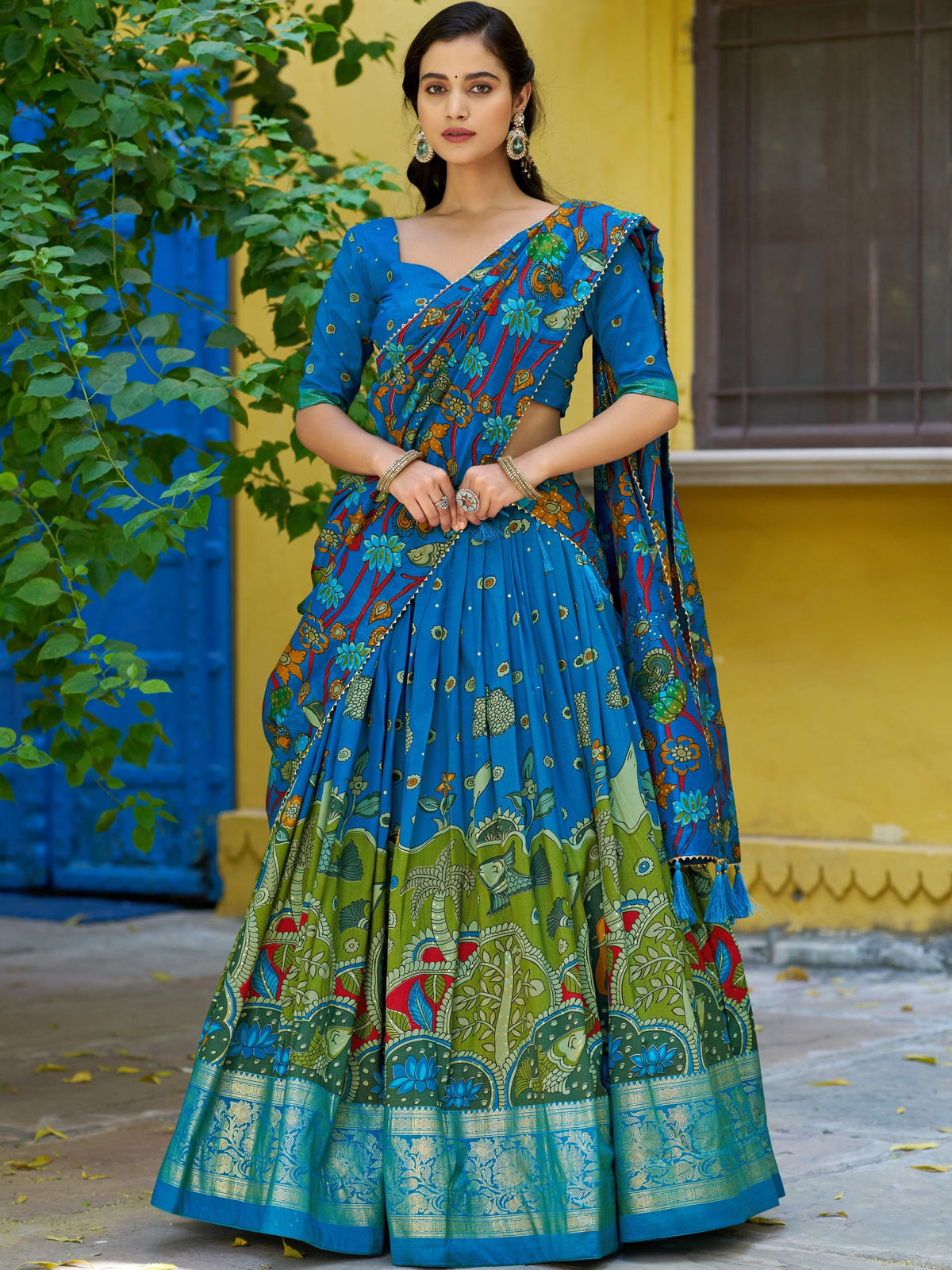 Tussar Silk Kalamkari Printed Lehenga With Dupatta