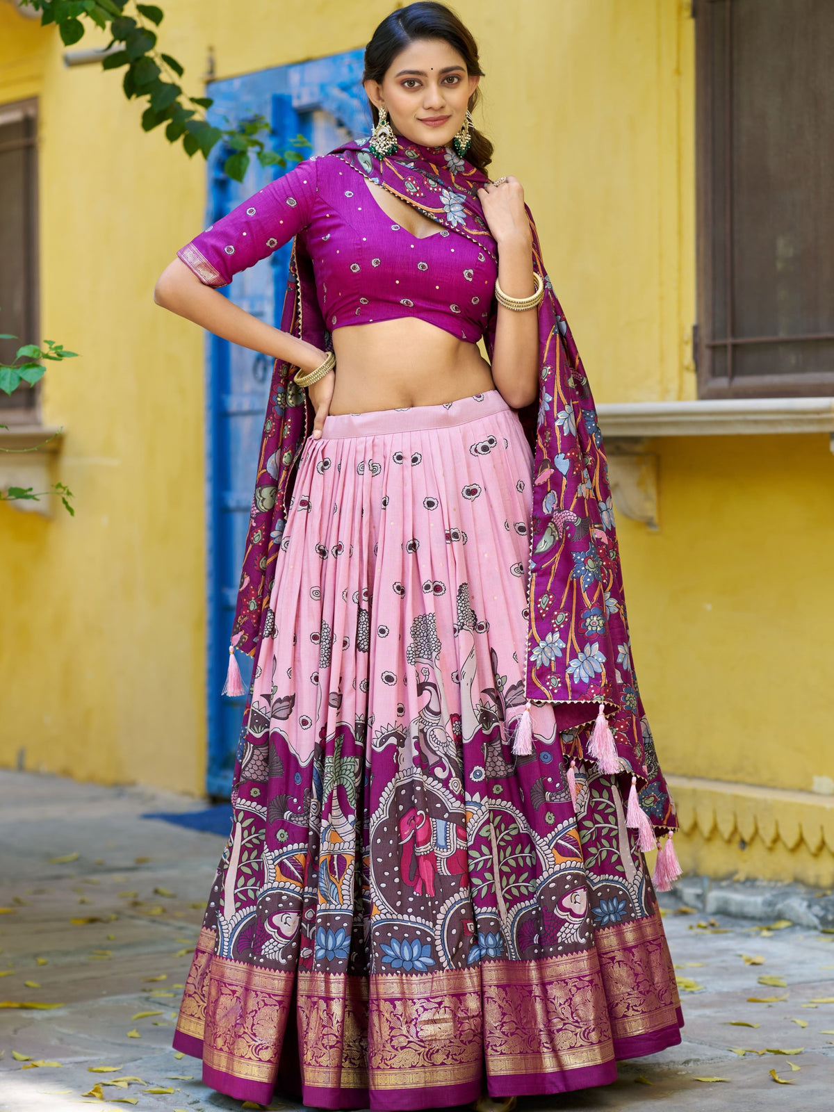 Tussar Silk Kalamkari Printed Lehenga With Dupatta