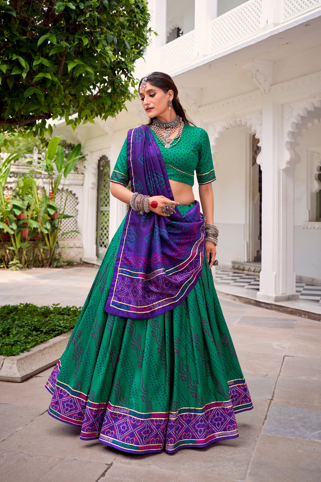 Tussar Silk Bandhej Printed Lehenga With Dupatta
