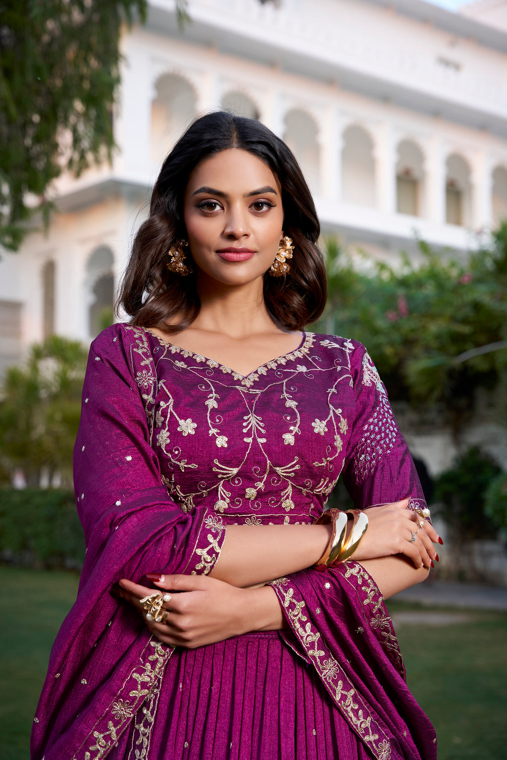 Vichitra Silk Thread Embroidered Lehenga With Dupatta