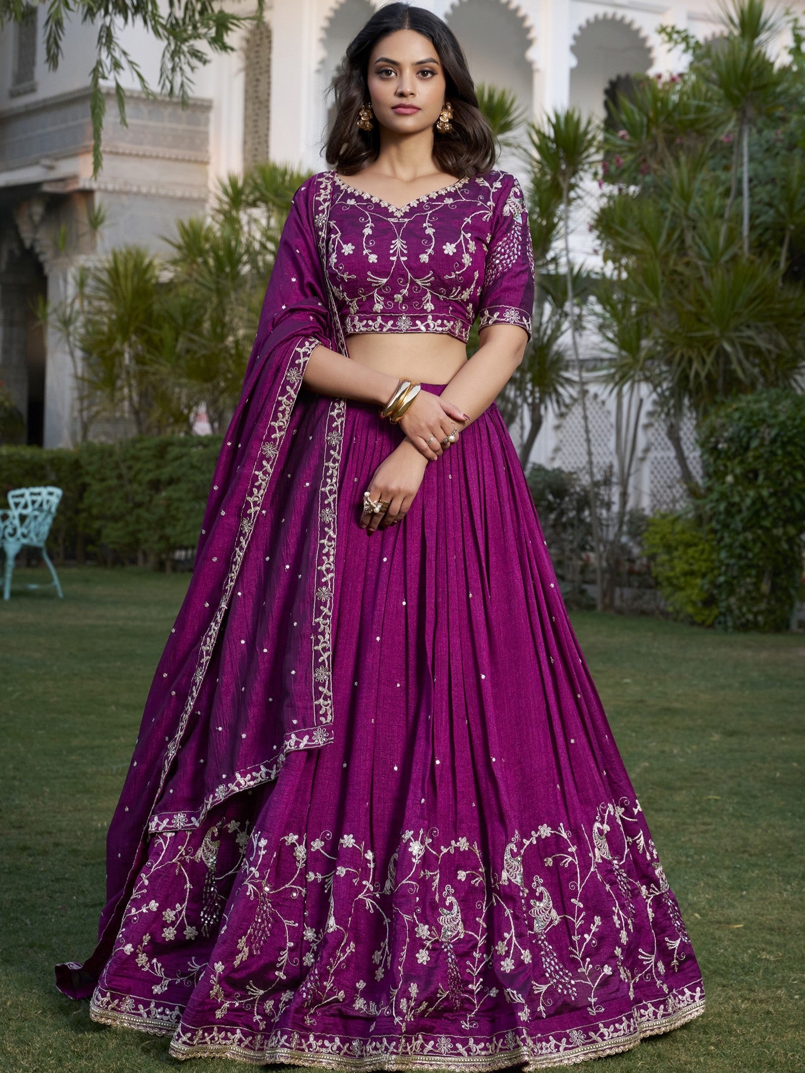Vichitra Silk Thread Embroidered Lehenga With Dupatta