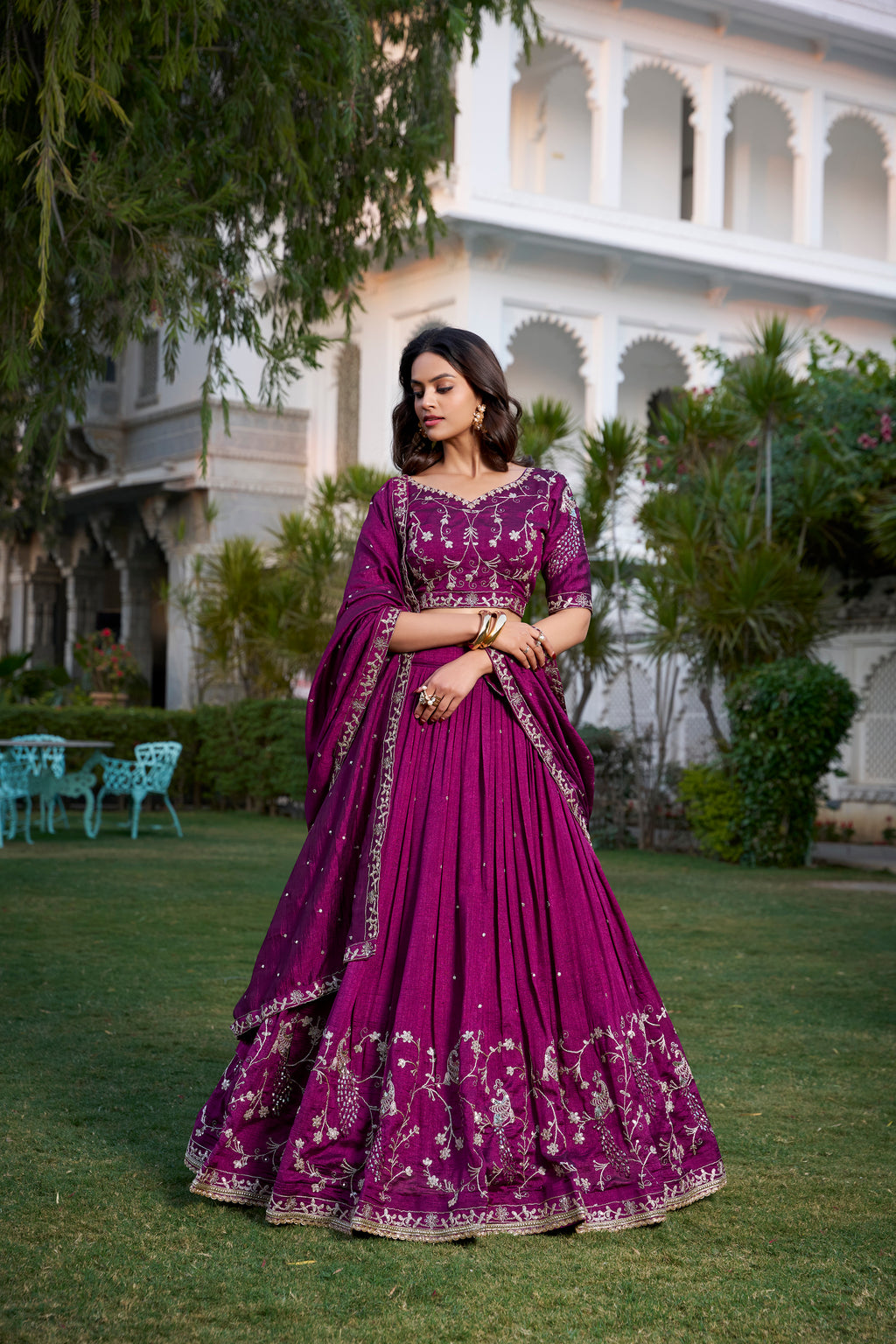 Vichitra Silk Thread Embroidered Lehenga With Dupatta