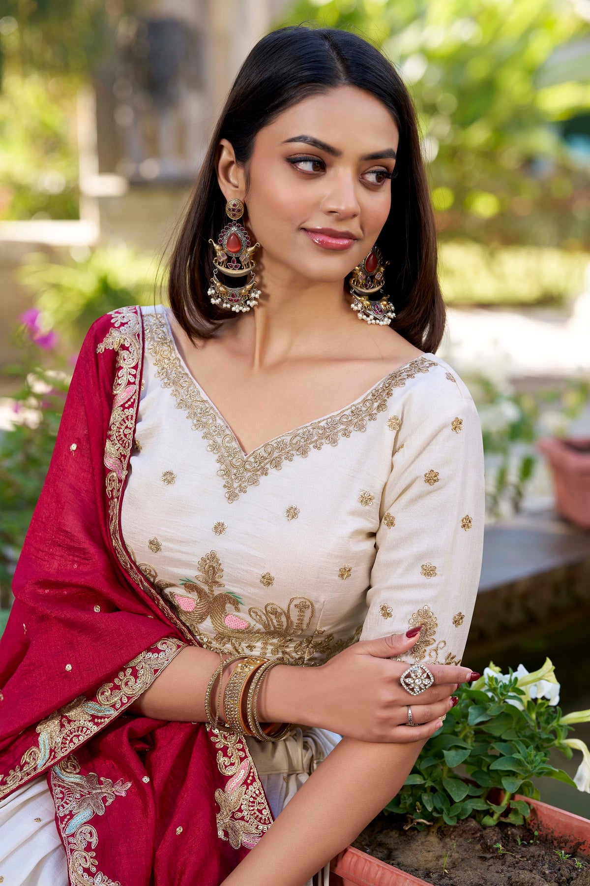 Vichitra Silk Thread Embroidered Lehenga With Dupatta