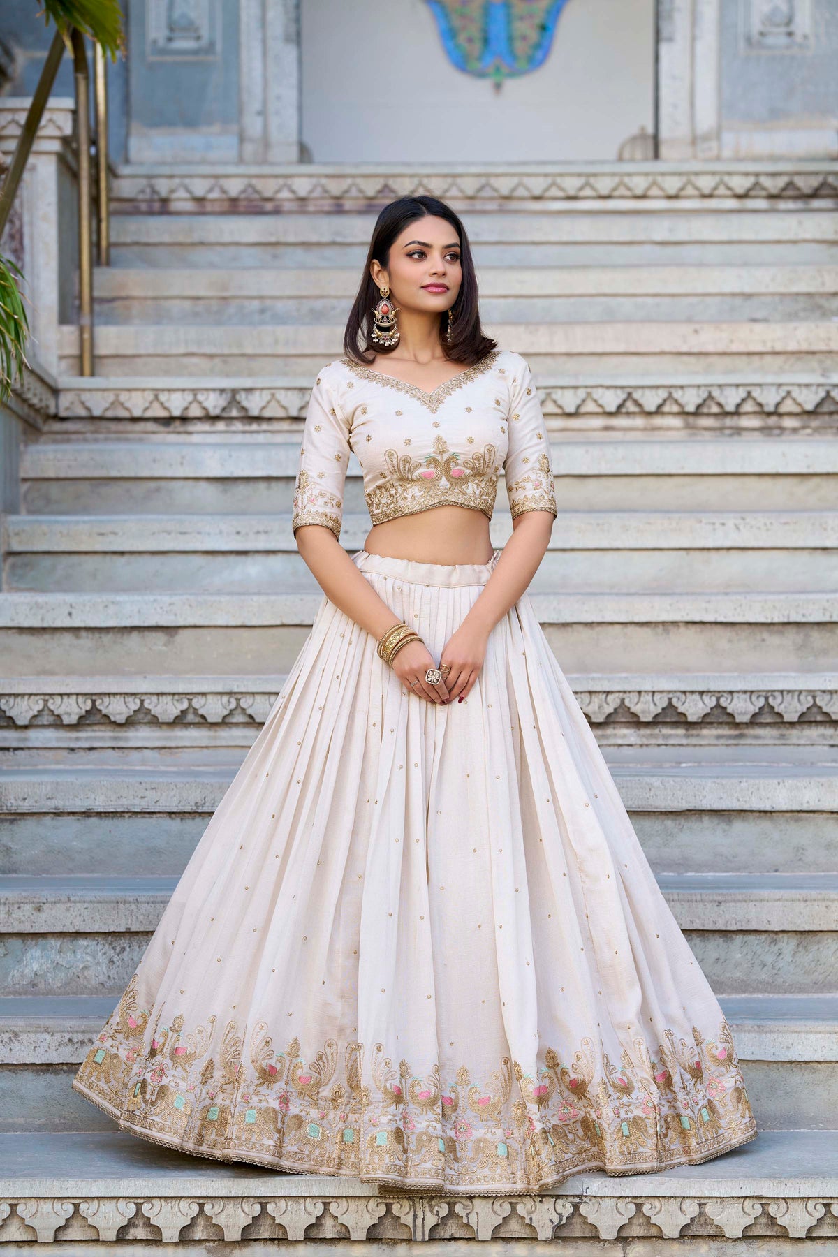 Vichitra Silk Thread Embroidered Lehenga With Dupatta