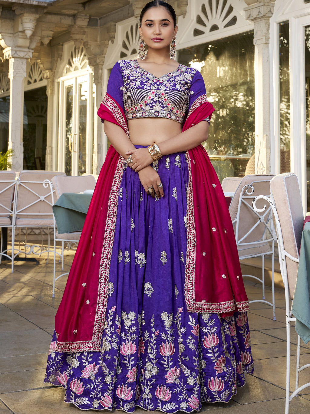 Vichitra Silk Thread Embroidered Lehenga With Dupatta