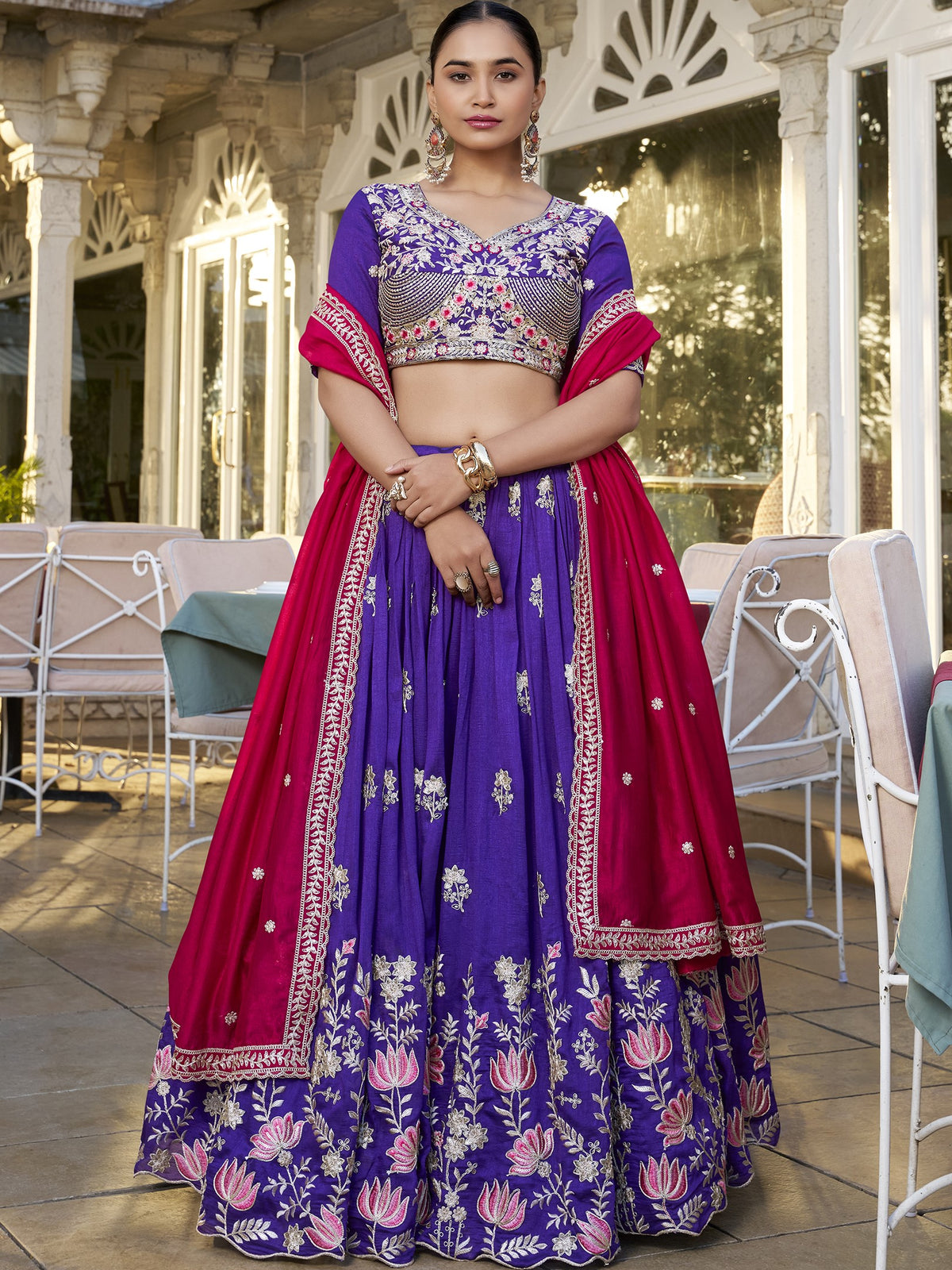 Vichitra Silk Thread Embroidered Lehenga With Dupatta