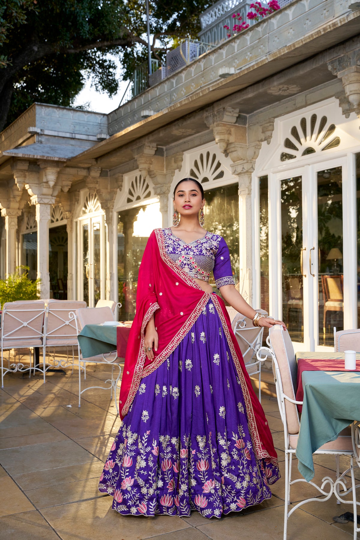Vichitra Silk Thread Embroidered Lehenga With Dupatta