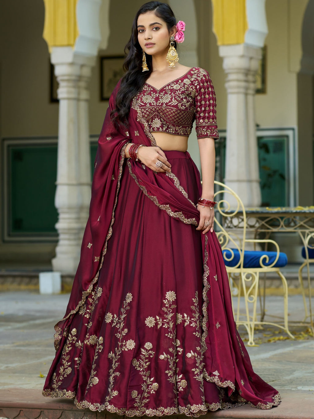 Rangoli Silk Thread Embroidered Lehenga With Dupatta